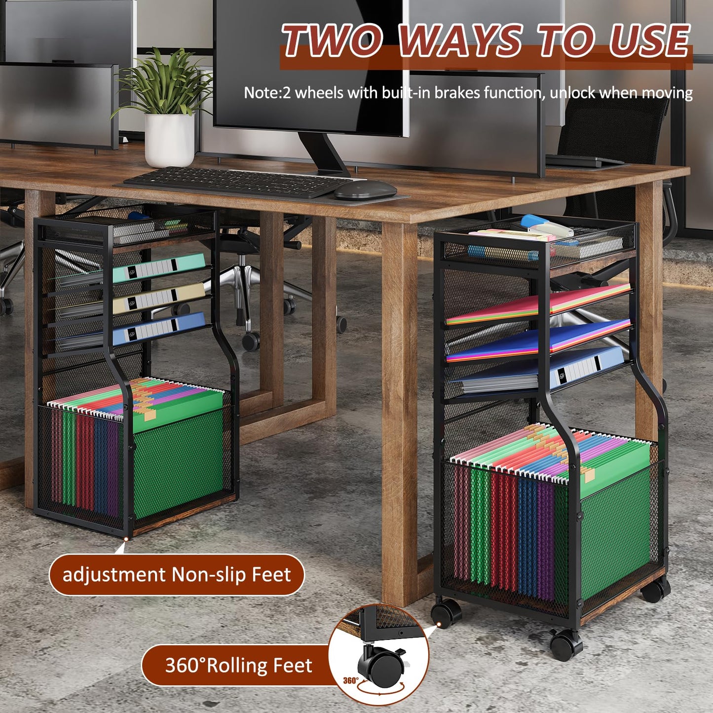 5-Tier Rolling File Cart with Lockable Wheels, Mobile File Cabinet for Hanging File Folders Sliding Trays, Under Desk Storage, Paper Organizer Utility Cart Filing Cabinet for Office, Home, School