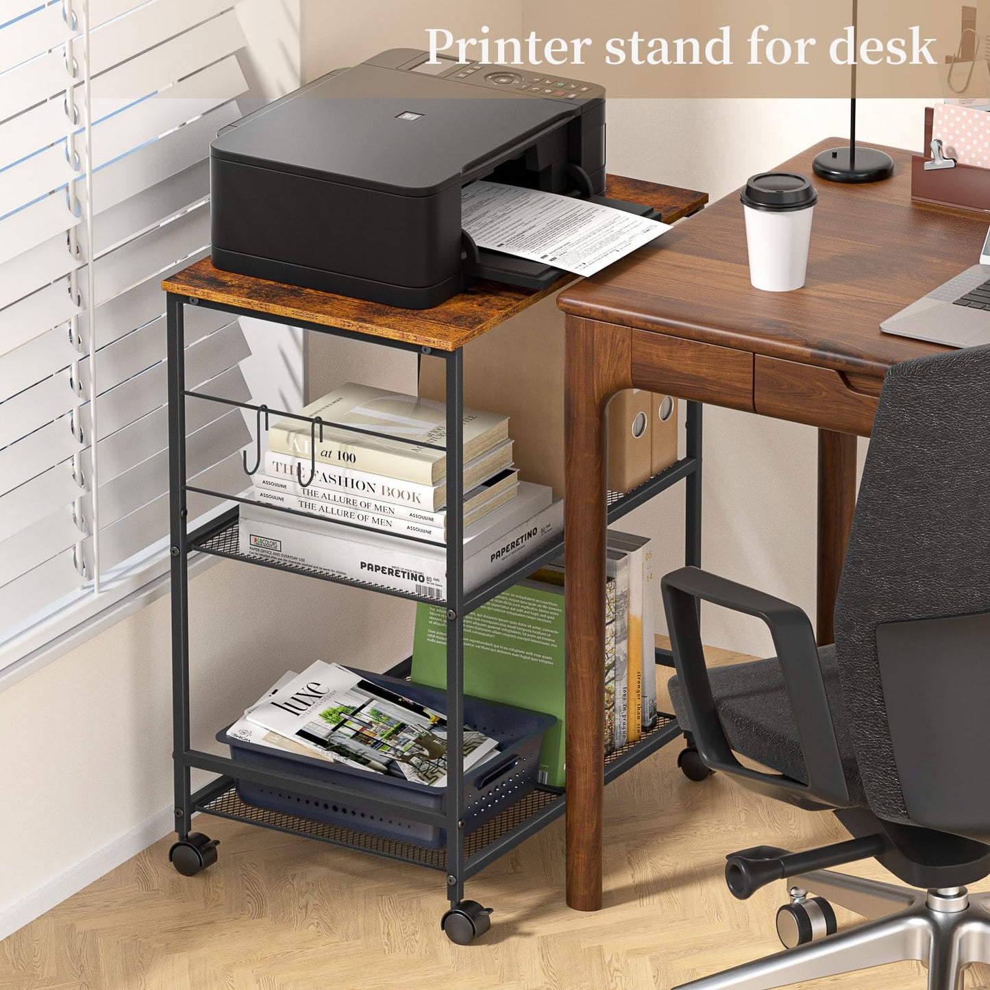 ThreeHio Printer Stand, 3Tier Printer Table with Wheels, Printer Cart with Storage Shelf, Printer Desk for Home Office Fax Machine Scanner, Rolling Cart for Kitchen, Laundry, Balcony, Living Room
