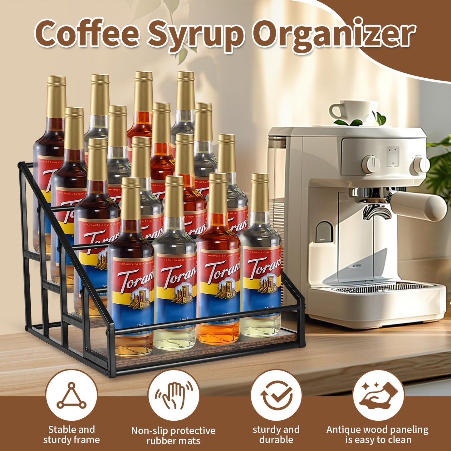 YQBRAO Coffee Syrup Rack Organizer,Liquor Bottle Display Shelf,Water cup display stand,Spice Rack Kitchen Cabinet Organizer,Rustic Brown,2 Packs 4 Tier 16 Bottle Coffee Syrup Holder