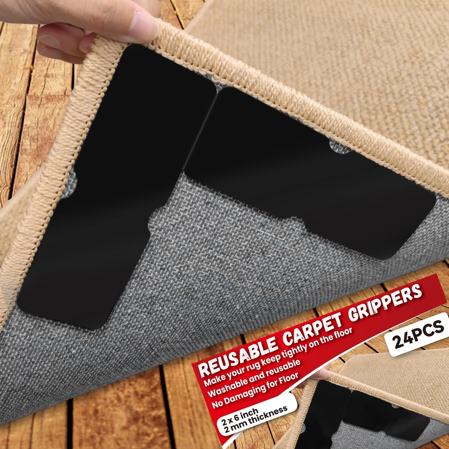 Rug Carpet Non Slip Grippers, Reusable Rug Tape, No Damaging for Hardwood Floors and Tiles, Carpet Grippers Stickers Pads for Area Rugs Corners Flat, 24Pcs