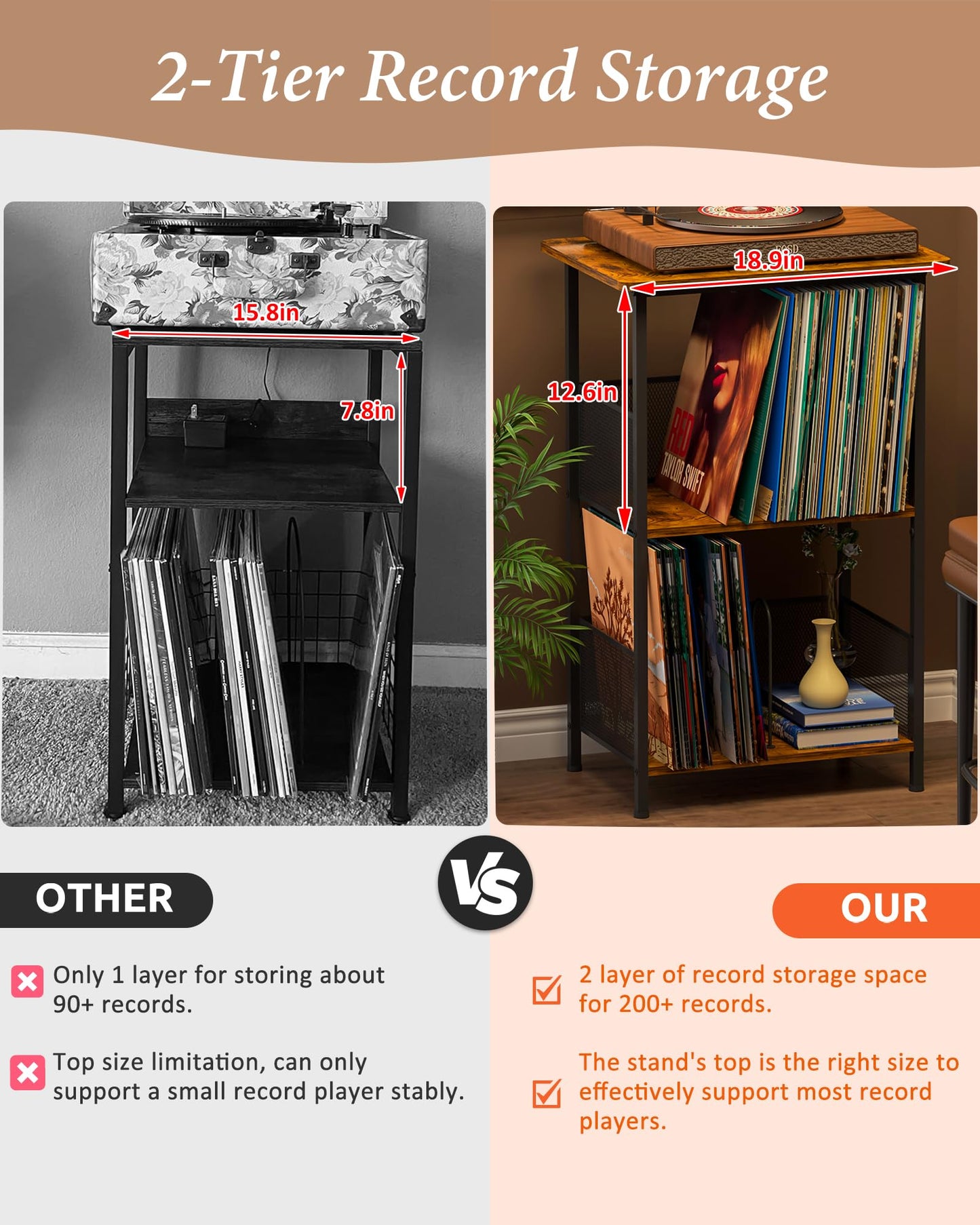 Honkazita Record Player Stand 3-Tier, Vinyl Record Storage up to 200 Albums, Record Player Table with Smooth Wood Top, Fits Most Phonographs, Turntable Stand & Bedside Nightstand, Space-Saving