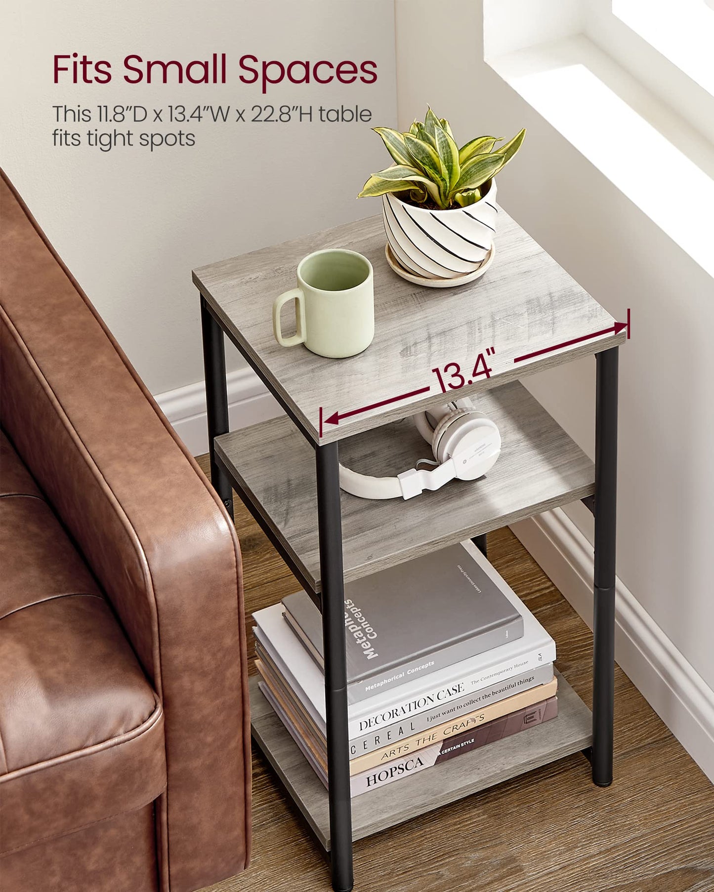 VASAGLE BARNET Collection - Side Table, Small End Table for Living Room, Modern Tall Nightstand, Bedroom, Office, Bathroom, Steel Frame, Heather Greige and Ink Black ULET273B02