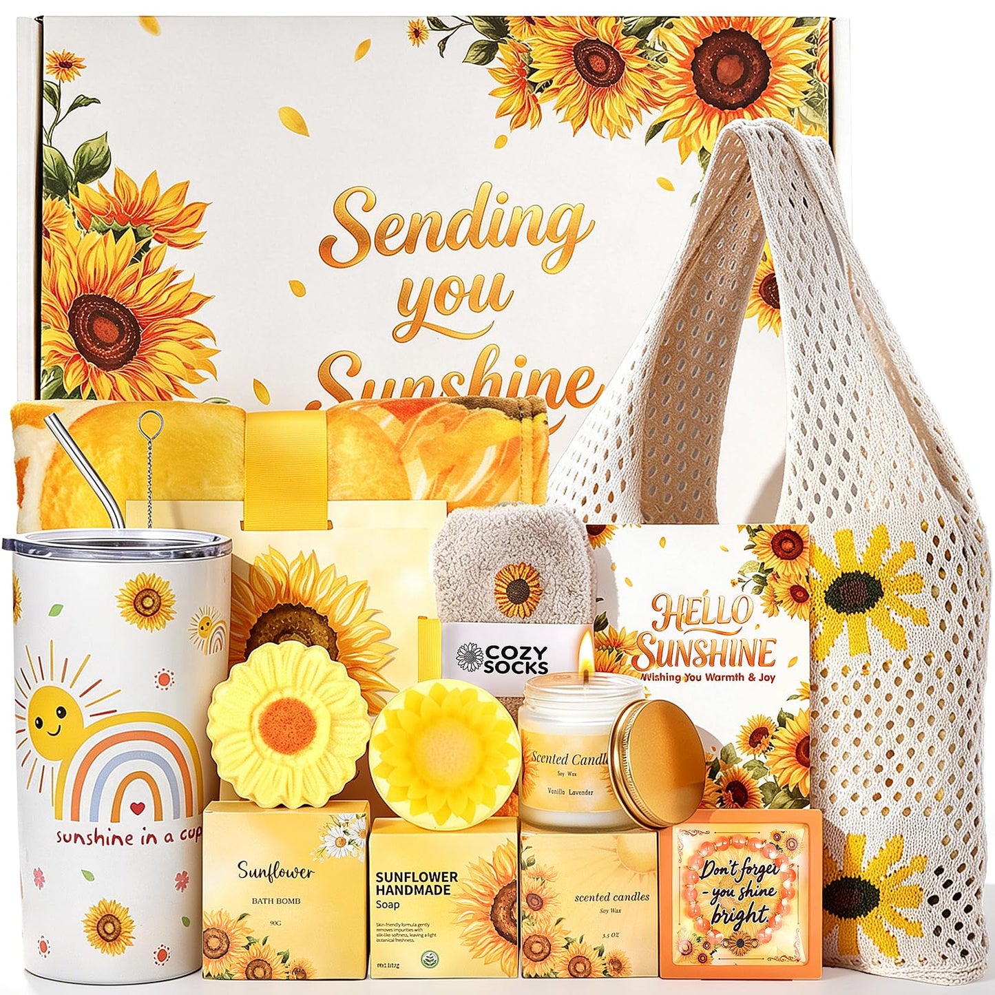 Sunflower Gifts Tote Bag Gift Set for Womens Self Care Gift - Birthday Gifts Box for Women Mom Wife Sister Daughter Friend Coworker, Sunflower Gifts Basket Sunshine Box Care Package for Women Her