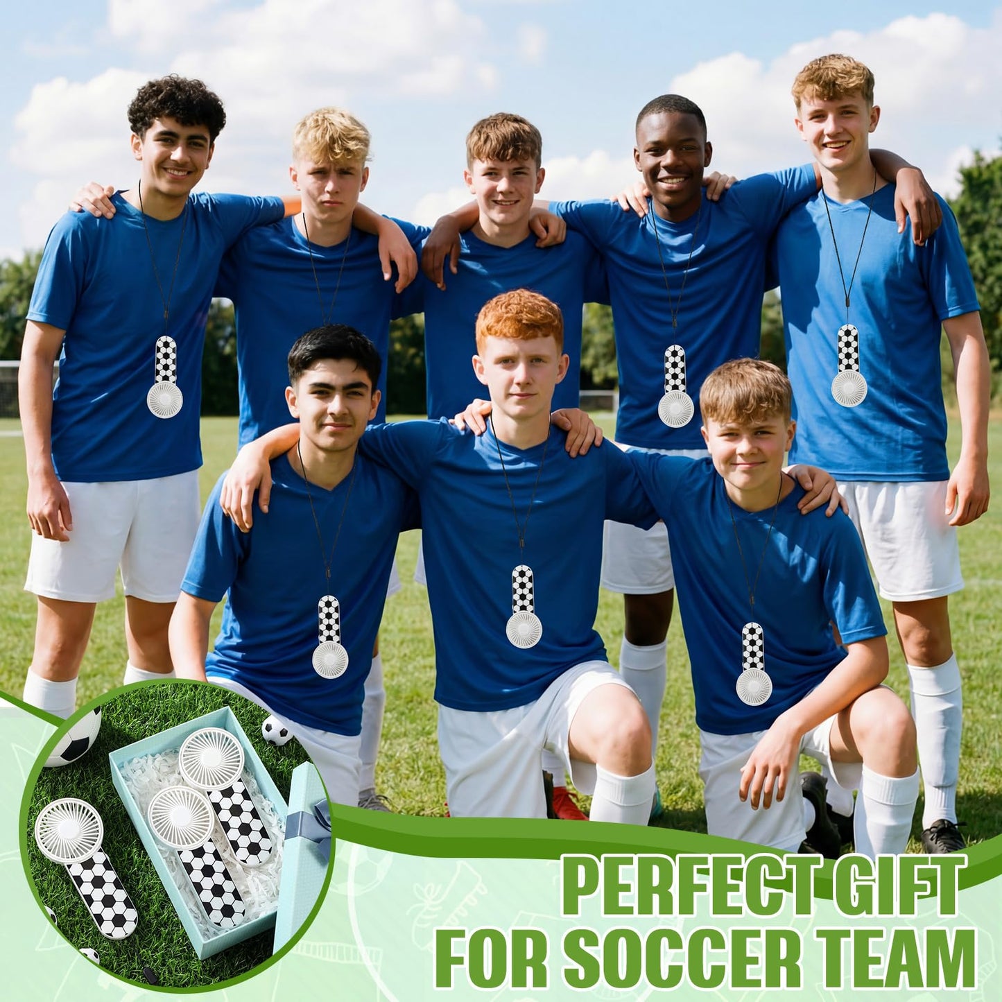 Honoson 18 Pcs Soccer Party Favors Mini Portable Handheld Fan Bulk with Lanyard for Team Gift Softball Goodie Bags Game Outdoor Sport Party, Battery Not Include