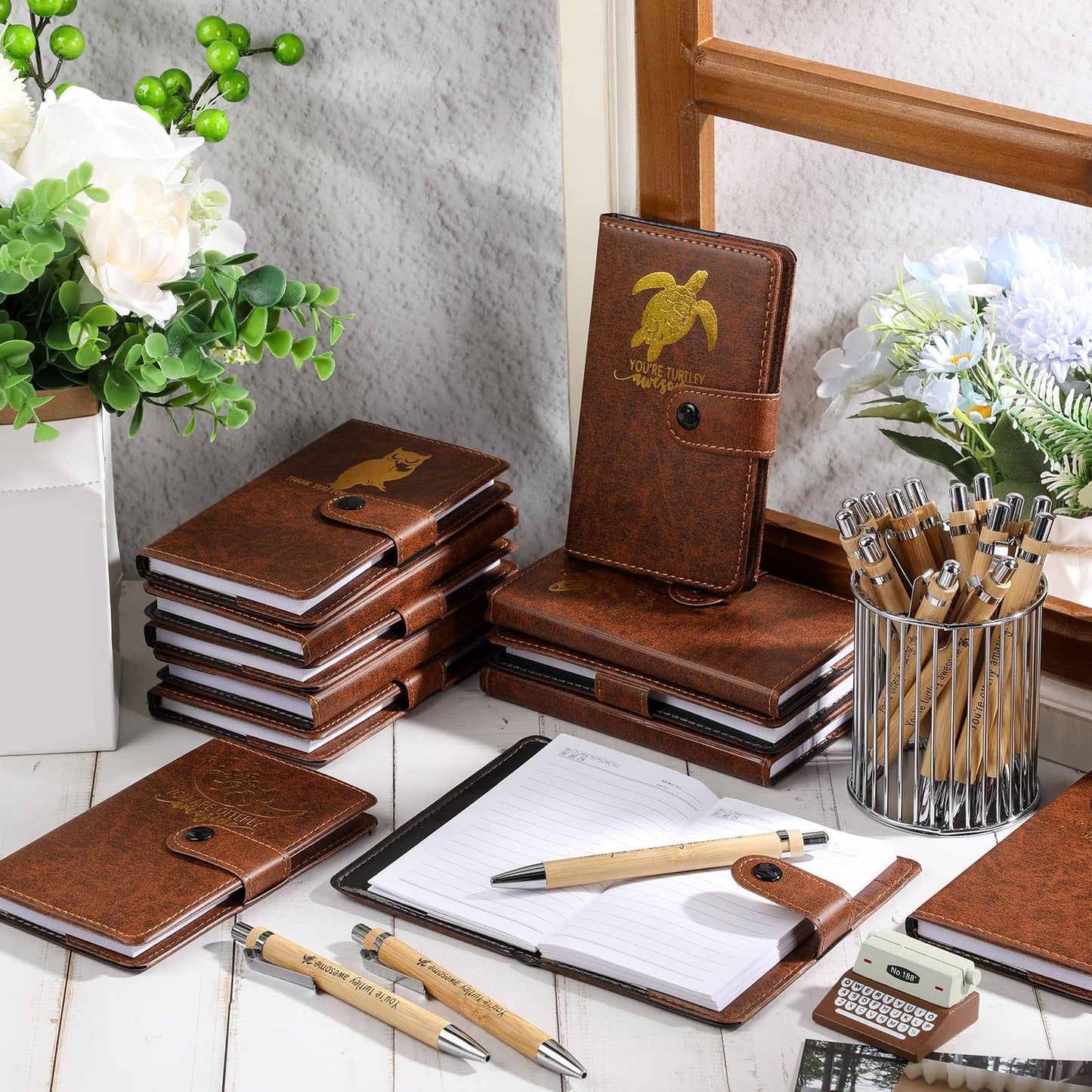 Tenceur 20 Set Employee Appreciation Gift for Men Animal Pun Note Leather Journal Fathers Day Inspirational Notebook A6 Notepads with Bamboo Pen Coworker Office Staff Teacher Thank You Gift, Brown