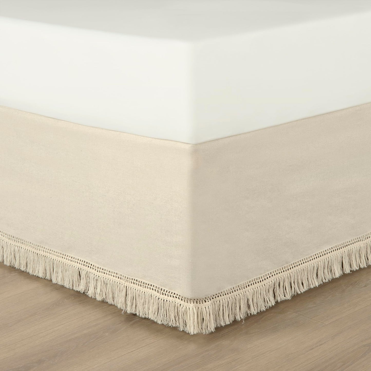 Lush Decor Boho Fringe 15-Inch Tailored Drop Easy Fit Bed Skirt King Size Single 78" W x 80" L +15" Neutral - King Bed Skirt - Wrap Around Bed Skirt