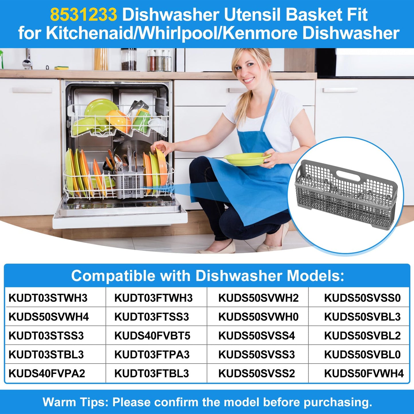 UPGRADED 8531233 WP8562043 Dishwasher Silverware Basket Replacement,Fits For Kitchenaid Kenmore Whirlpool Dishwasher Utensil Basket Parts KDFE104HPS0 KDTE334GPS0 Universal Dishwasher Cutlery Basket