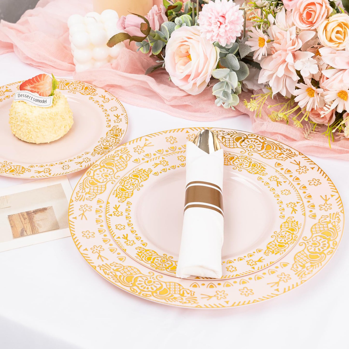 GATHER 350PCS Pink and Gold Plastic Plates - Gold Disposable Dinnerware Set Include 50 Dinner Plates, 50 Dessert Plates, 150 Plastic Silverware, 50 Napkins, 50 Cups for Wedding