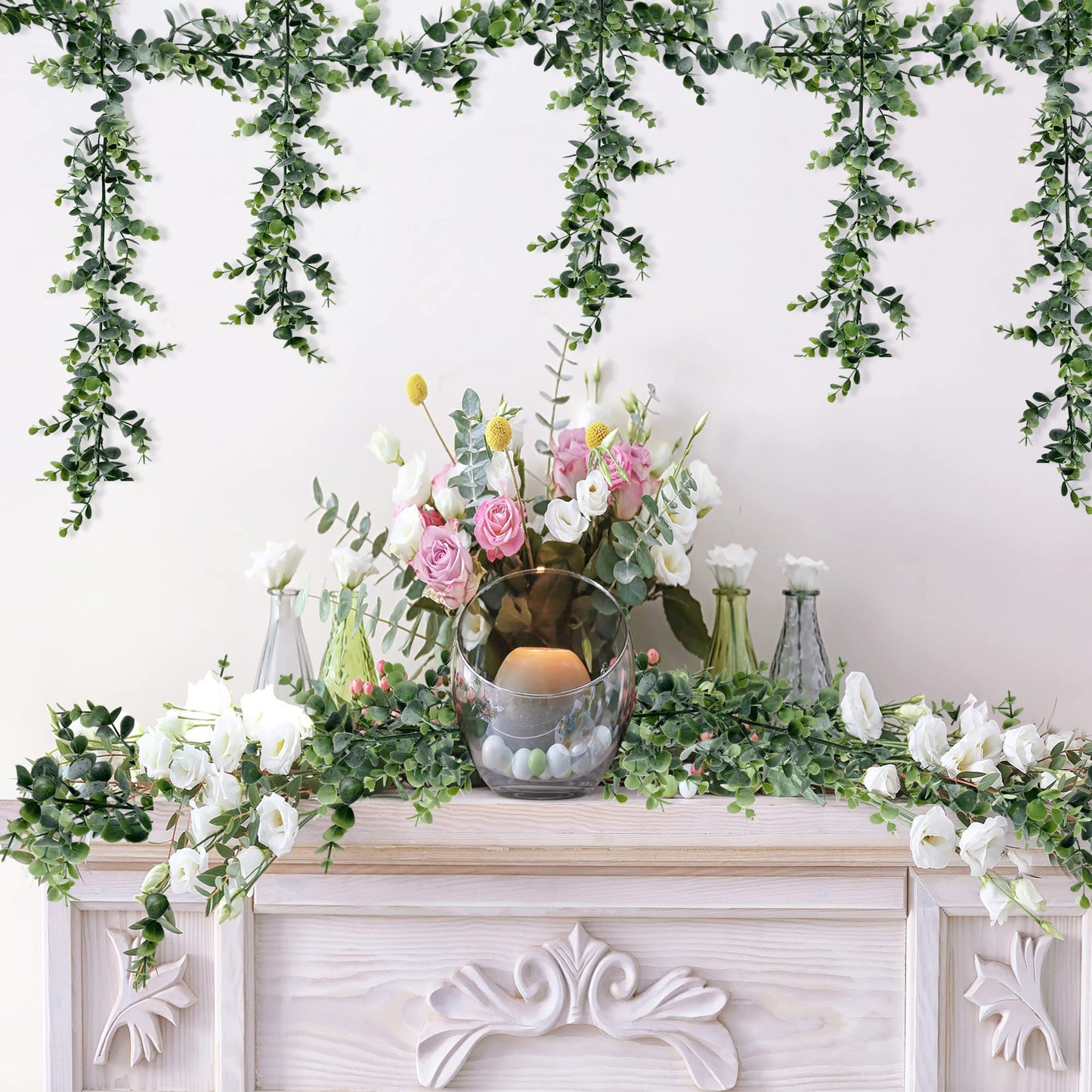 Sggvecsy Artificial Eucalyptus Garland 8 Pack Fake Eucalyptus Greenery Garland Faux Hanging Plants Artificial Vines, 5.6 Feet/Strand for Wedding Backdrop Arch Wall Table Party Outdoor Festival Decor
