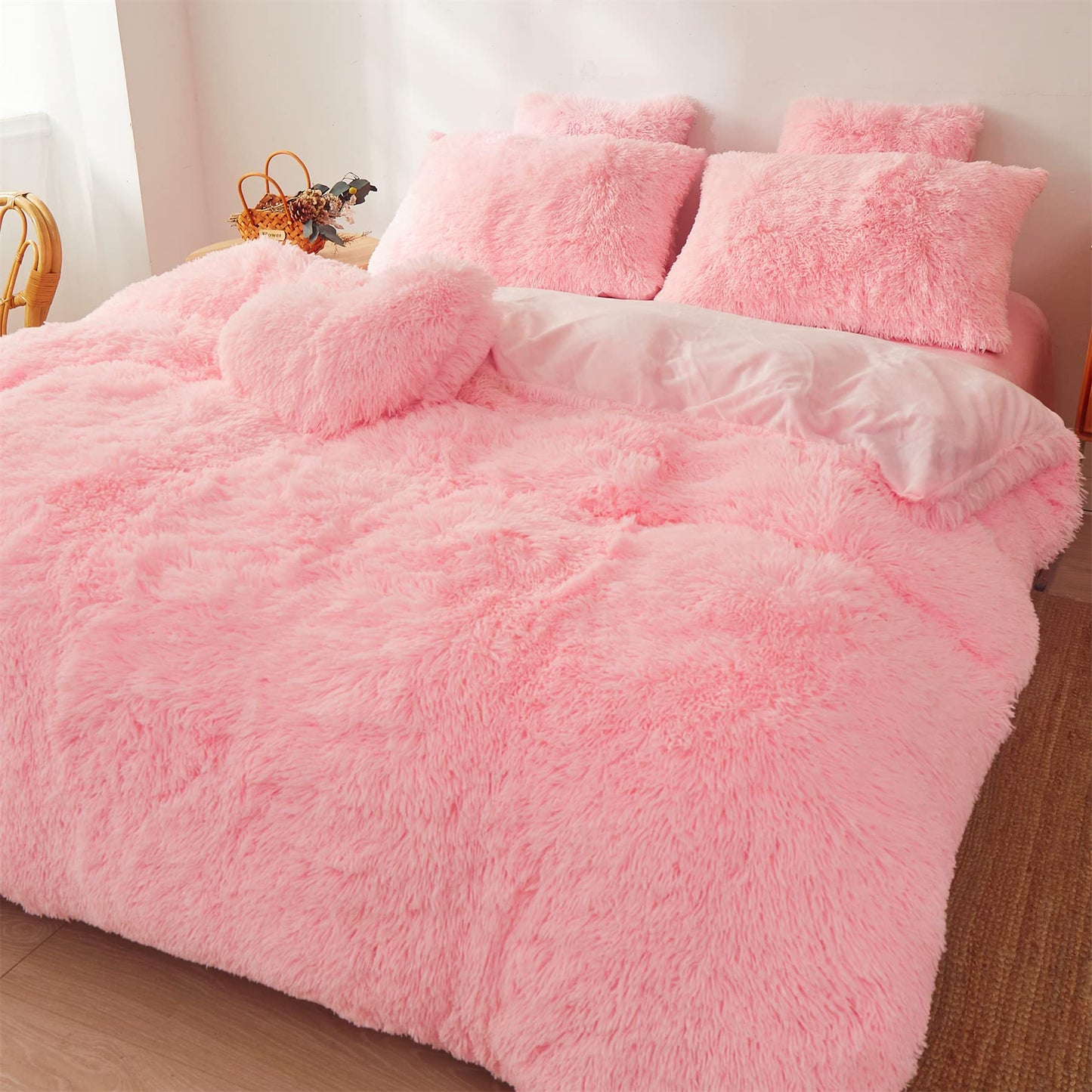 FOPPA Fluffy Faux Fur Pink Comforter Cover Set Queen - Ultra Soft Plush Pink Bedding Sets 3 Pieces (1 Fluffy Duvet Cover + 2 Faux Fur Pillow case) Cute Bed Set (Light Pink, Queen)