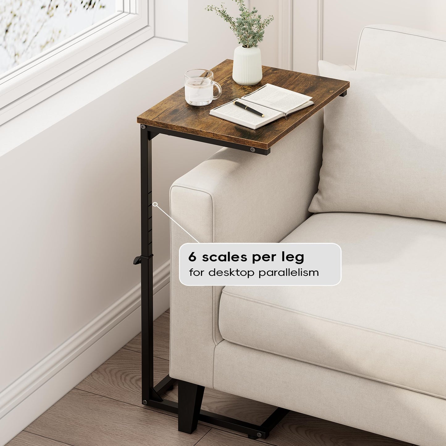 Vagusicc C Shaped End Table for Couch, 33.2'' Tall C Table Adjustable Height Side Table, Small Side Table for Small Spaces, Couch Tables that Slide Under, Tv Tray Table for Living Room, Rustic Brown