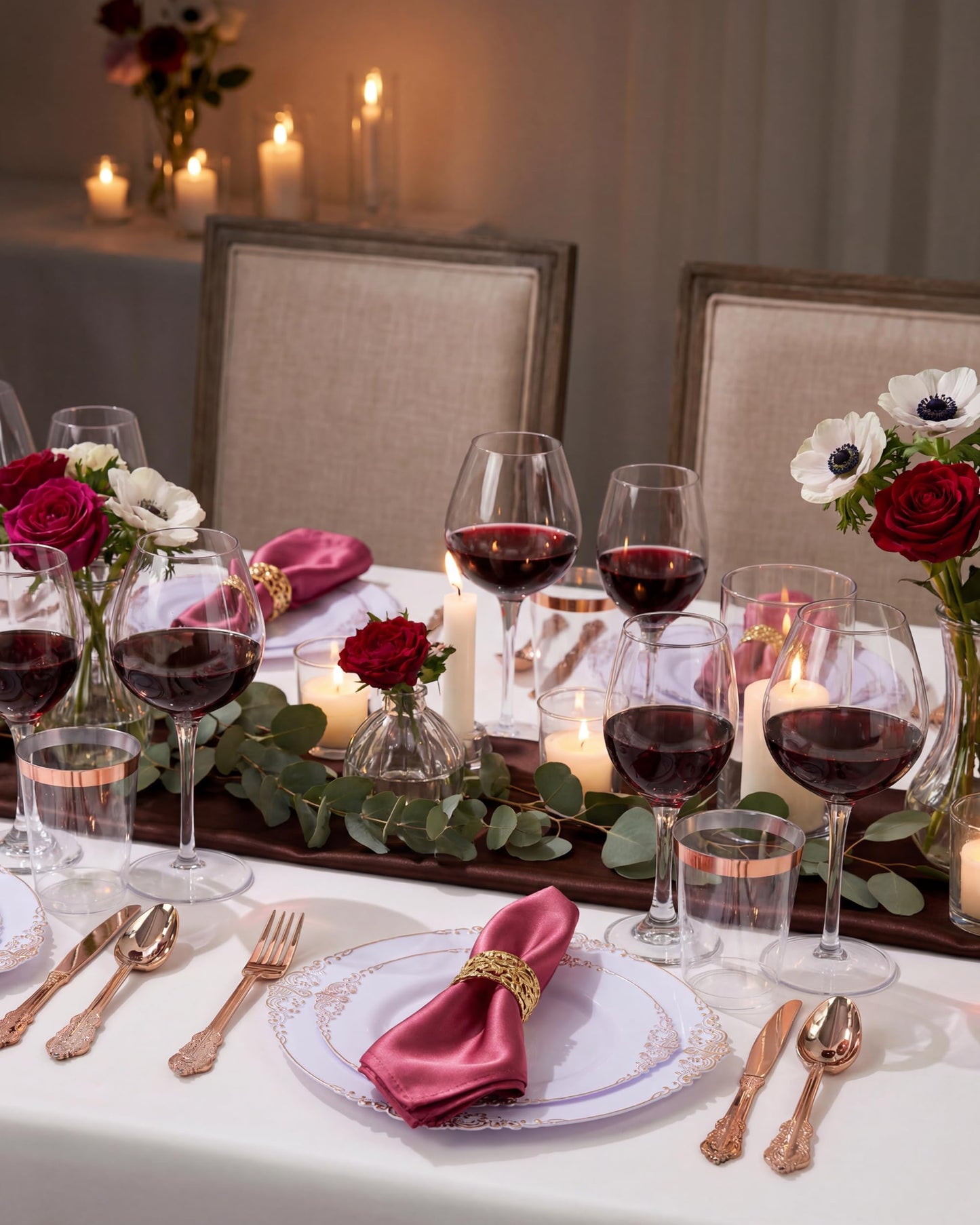 Morejoy 100 Pieces Rose Gold Plastic Plates - Rose Gold Disposable Plates - 10.25inch White Plastic Dinner Plates With Rose Gold Rim for Weddings & Parties & Graduation Party