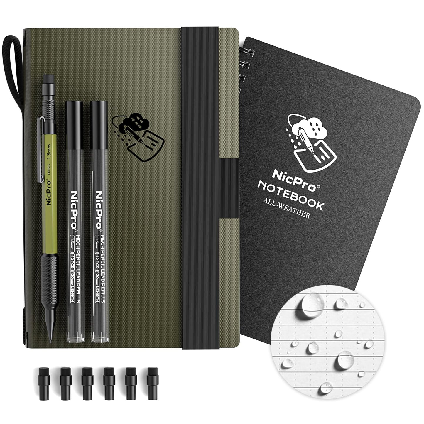 Nicpro Waterproof Notebook with 1.3mm Mechanical Pencil Set, TPU Fabric Cover, 4.8"x7" Stone Paper Notebook, Carpenter Pencil 1.3 with Lead Refill & Eraser for Outdoor Journal Travel Drafting Drawing