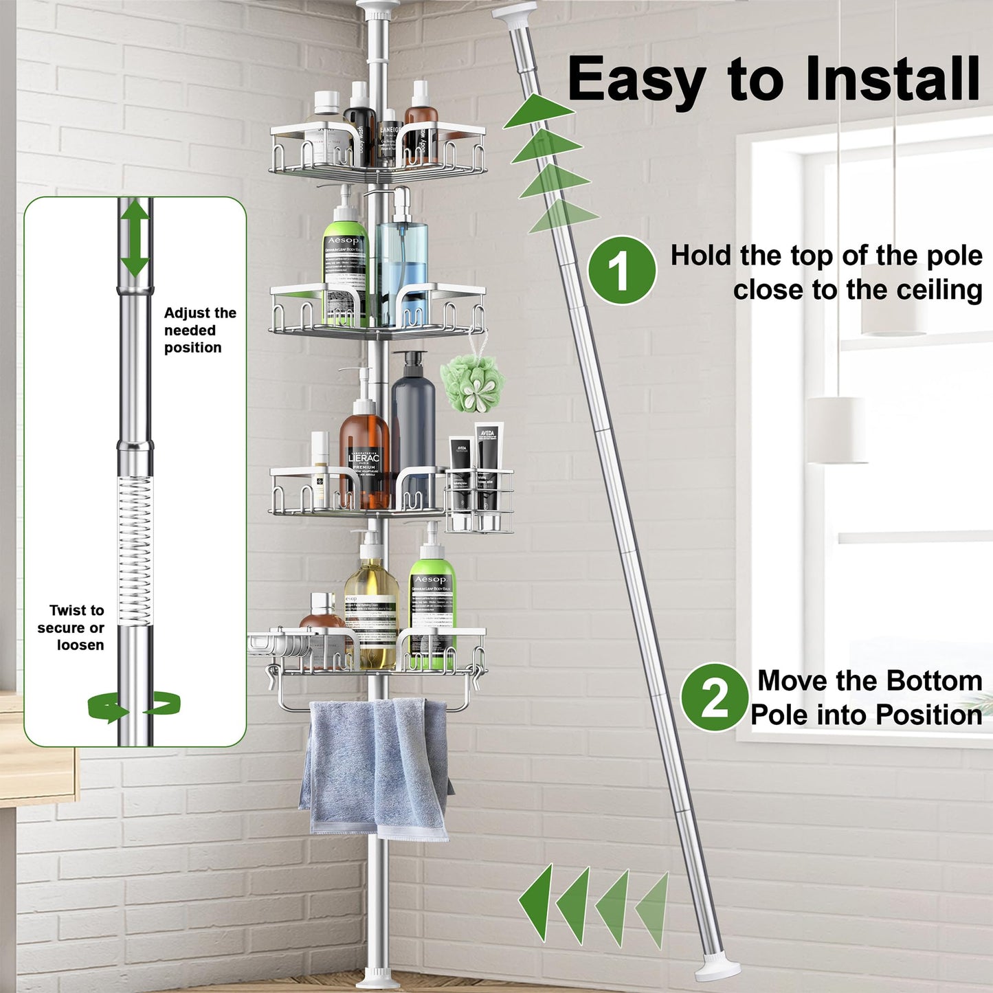 Clothink Corner Shower Caddy Tension Pole 4 Tier Adjustable Stainless Steel Shower Shelf for Inside Shower Bathtub Shampoo,Standing Bathroom Organizer Shelves with 39 to 113 inch Height