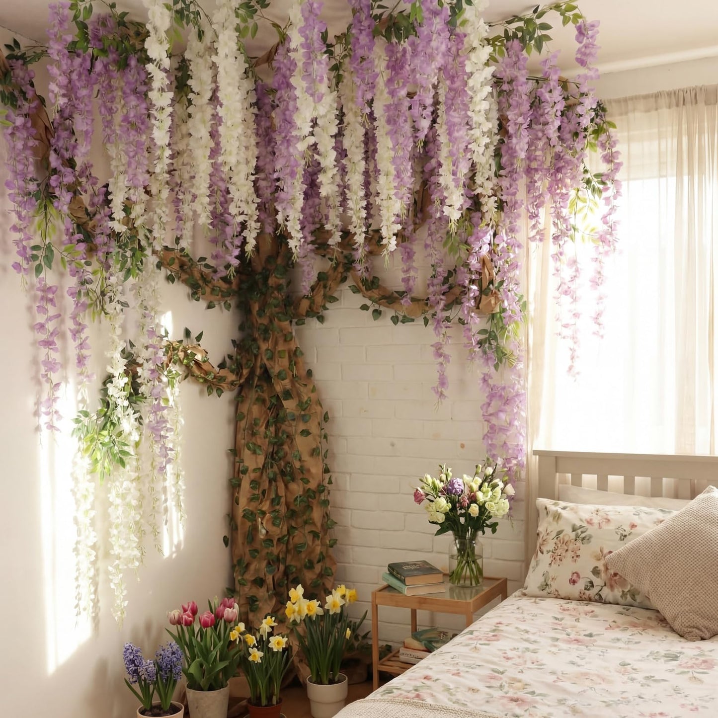 XunYee 40 Pcs 3D Wisteria Tree Wall Decor for Room Classroom Ceiling Artificial Wisteria Hanging Flower DIY Cardboard Paper Tree with Vine Kraft Paper Fairy Bulletin Board Decoration(White, Purple)