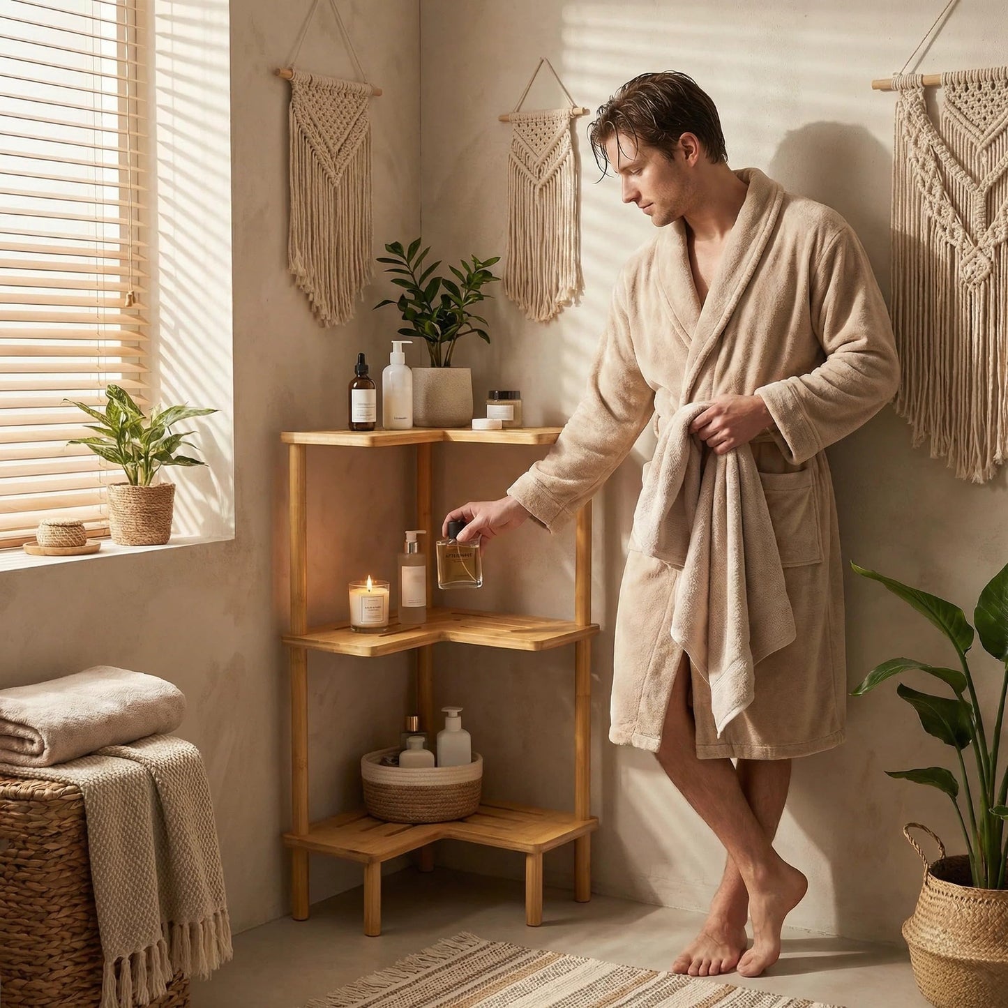 JEDULAR Bamboo Corner Shower Caddy Stand 3-Tier, Standing Shower Organizer with Anti-Slip Feet, Waterproof & Durable Bathroom Shower Shelf, Space-Saving Design Storage for Kitchen or Living Room