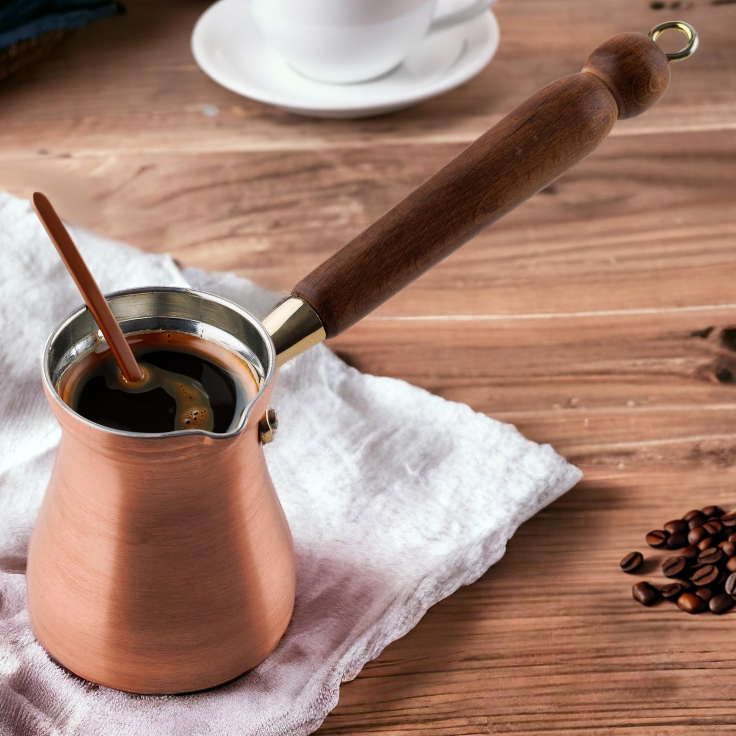 DEMMEX Brushed Copper Turkish Coffee Pot Cezve Ibrik Greek Coffee Briki Stovetop Coffee Maker with Wooden Handle & Spoon, 1mm Thick Copper, Handmade in TURKEY, 8 fl Oz - 3 Servings