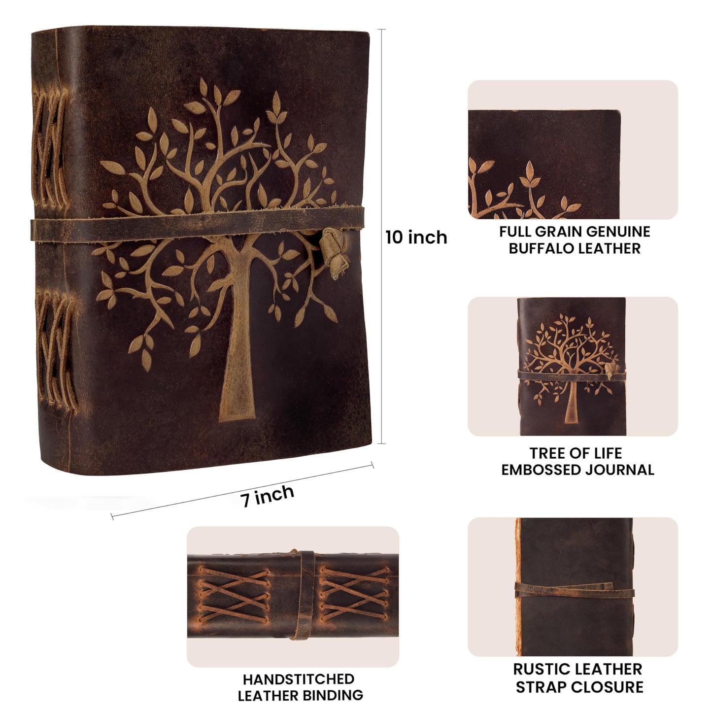 LEATHER VILLAGE Tree of Life Journal - 10 X 7 inches - Rustic Brown - 200 Antique Deckle Edge Handmade Paper – Book of Shadows - Vintage Leather Bound Journal for Women & Men