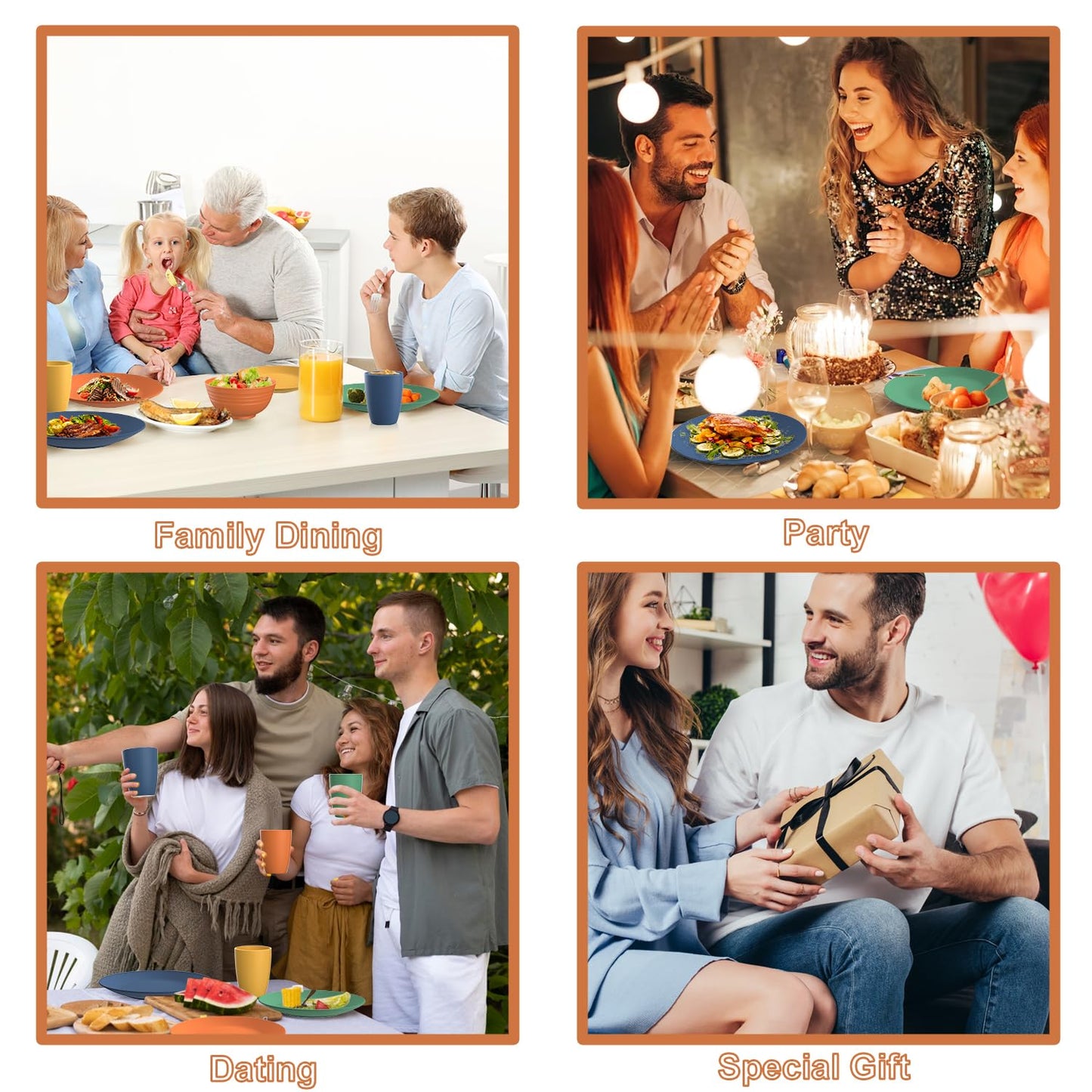 Perlapoc Wheat Straw Dinnerware Set 40 PCS - Service for 8 | Plates and Bowls Sets | Unbreakable Dishes Set - Dinner Plates, Dessert Plate, Cereal Bowls, Drinking Glasses, Dishwasher Safe - Multi