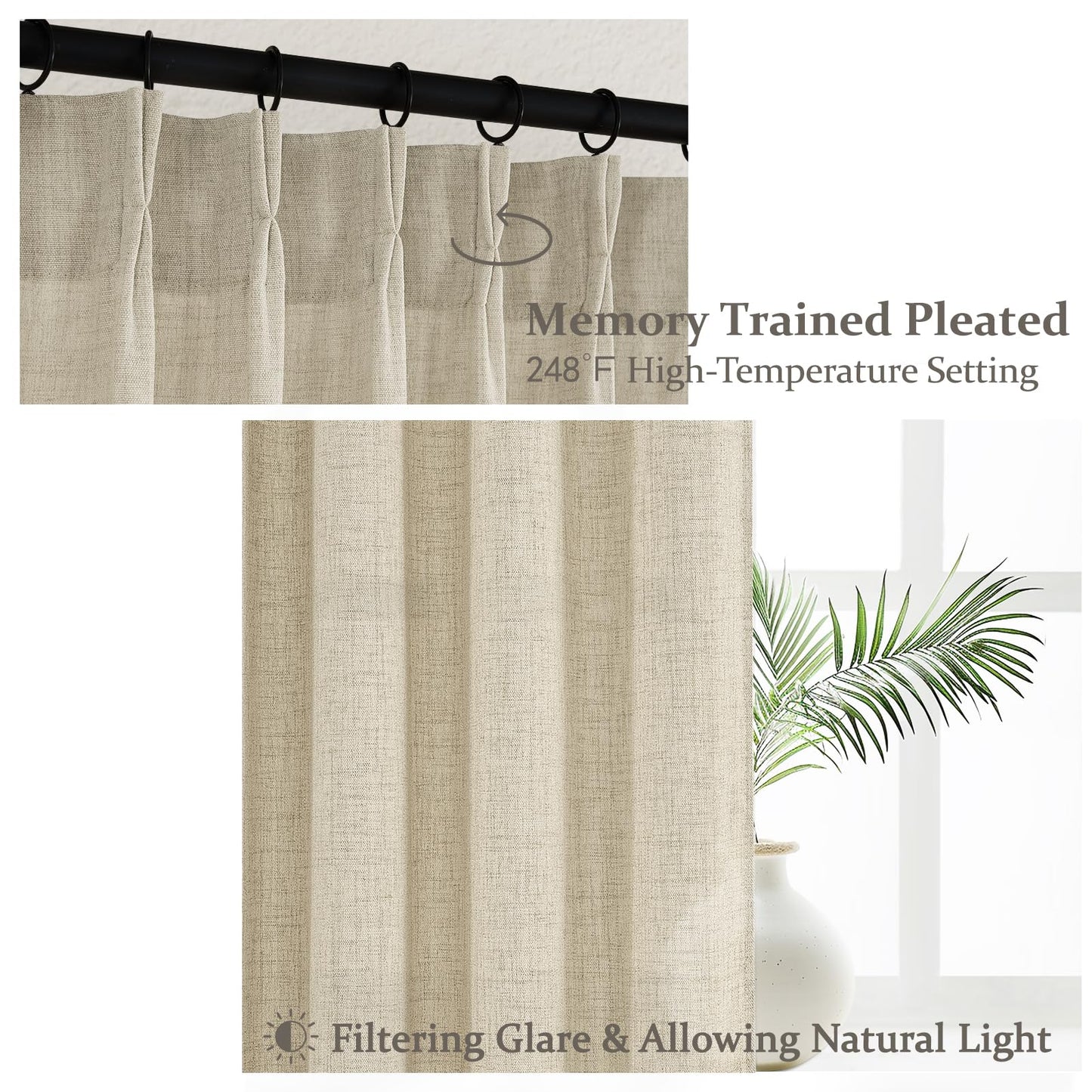 Warm Beige Thick Linen Blend Sheer Curtains 96 Inches Long for Living Room 2 Panels Set, Pinch Pleat Modern Farmhouse Burlap Windows Curtain for Dining Room Light Filtering Drapes with Hook Ring Brown