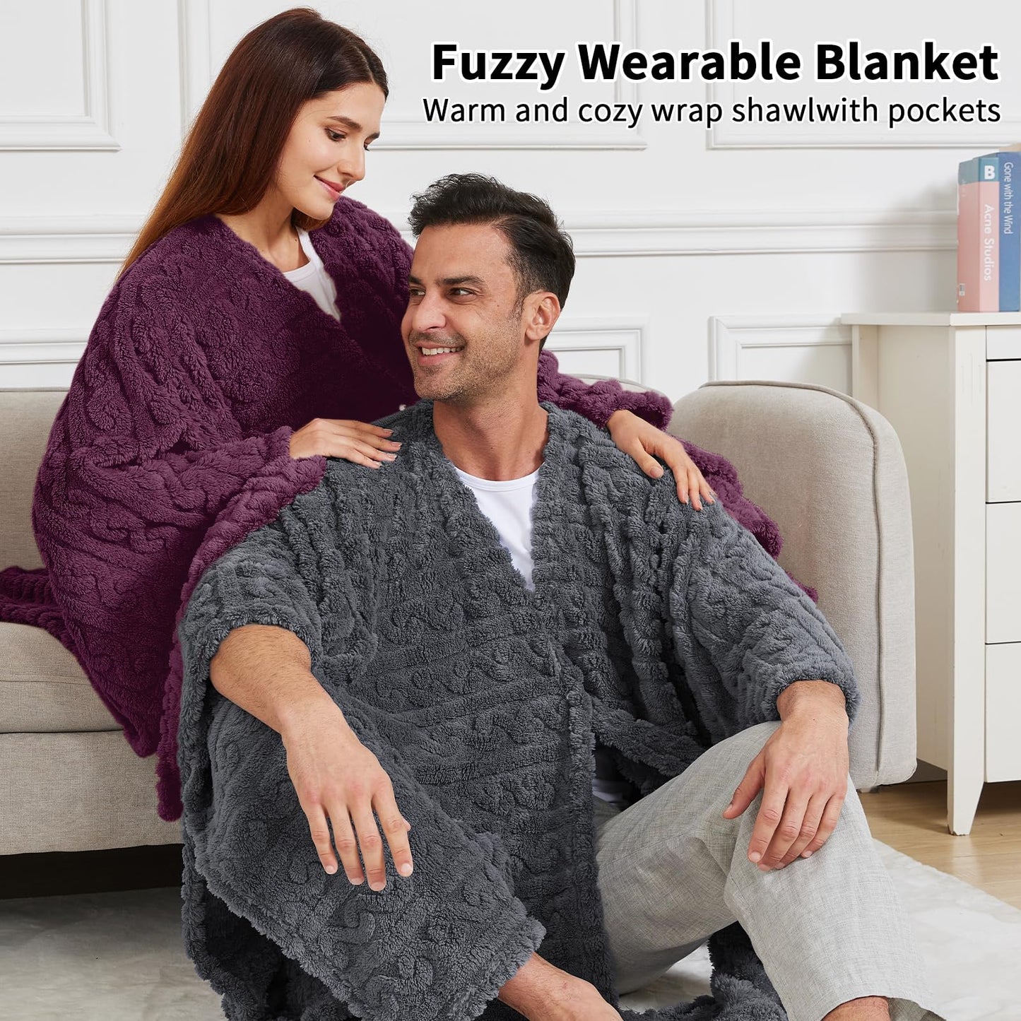 Dgsfmi Wearable Blanket Poncho Cape Wrap for Adult, Cozy Sherpa Fleece Pocketed Shawl TV Throw Blankets for Office and Lounge(Purple,58'' x 64'')