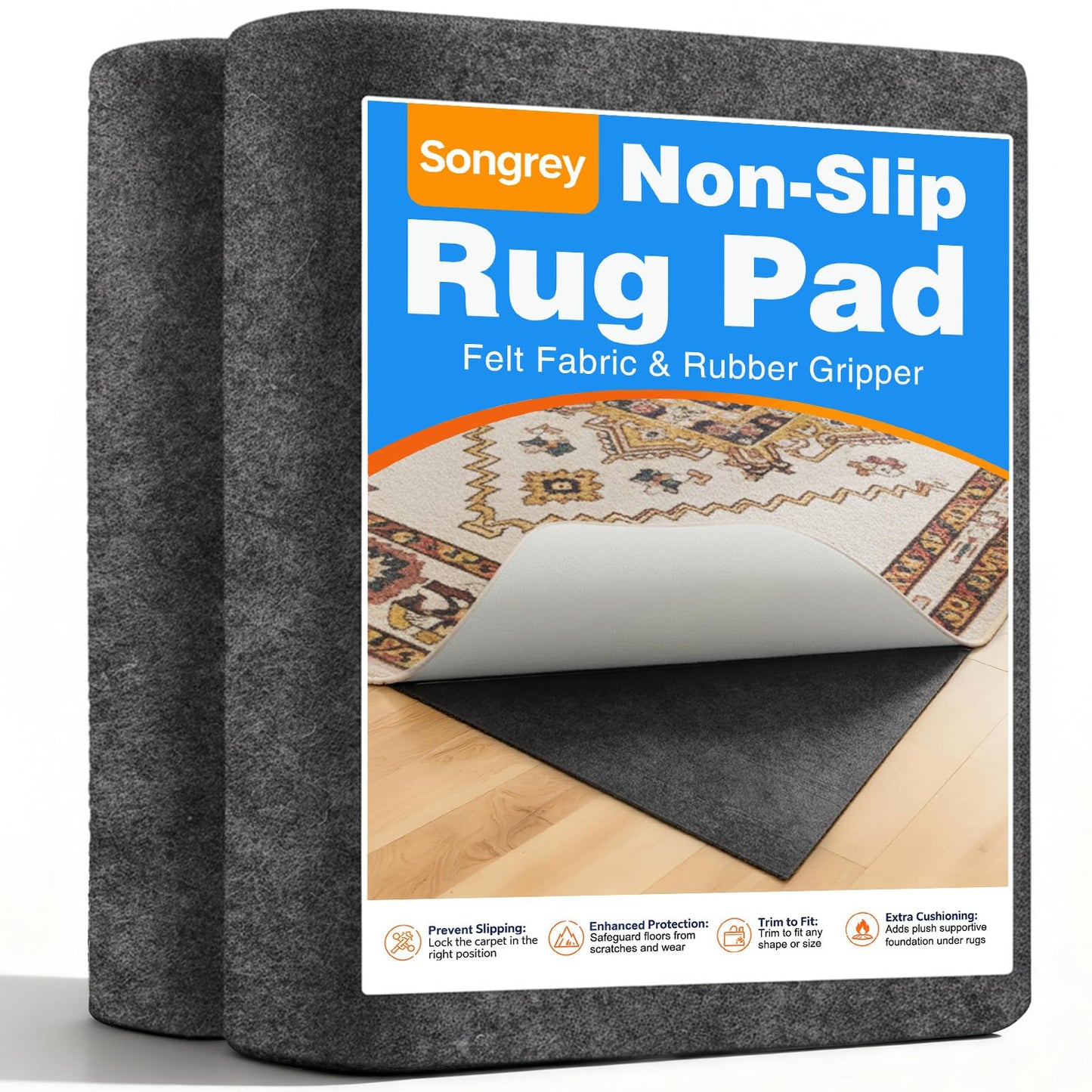 Songrey Non Slip Rug Pad Gripper 6 x 9 Ft, Thick Felt Fabric with Anti Skid Backing, Carpet Pad for Hardwood Floors, Keep Area Rugs in Place and Safe