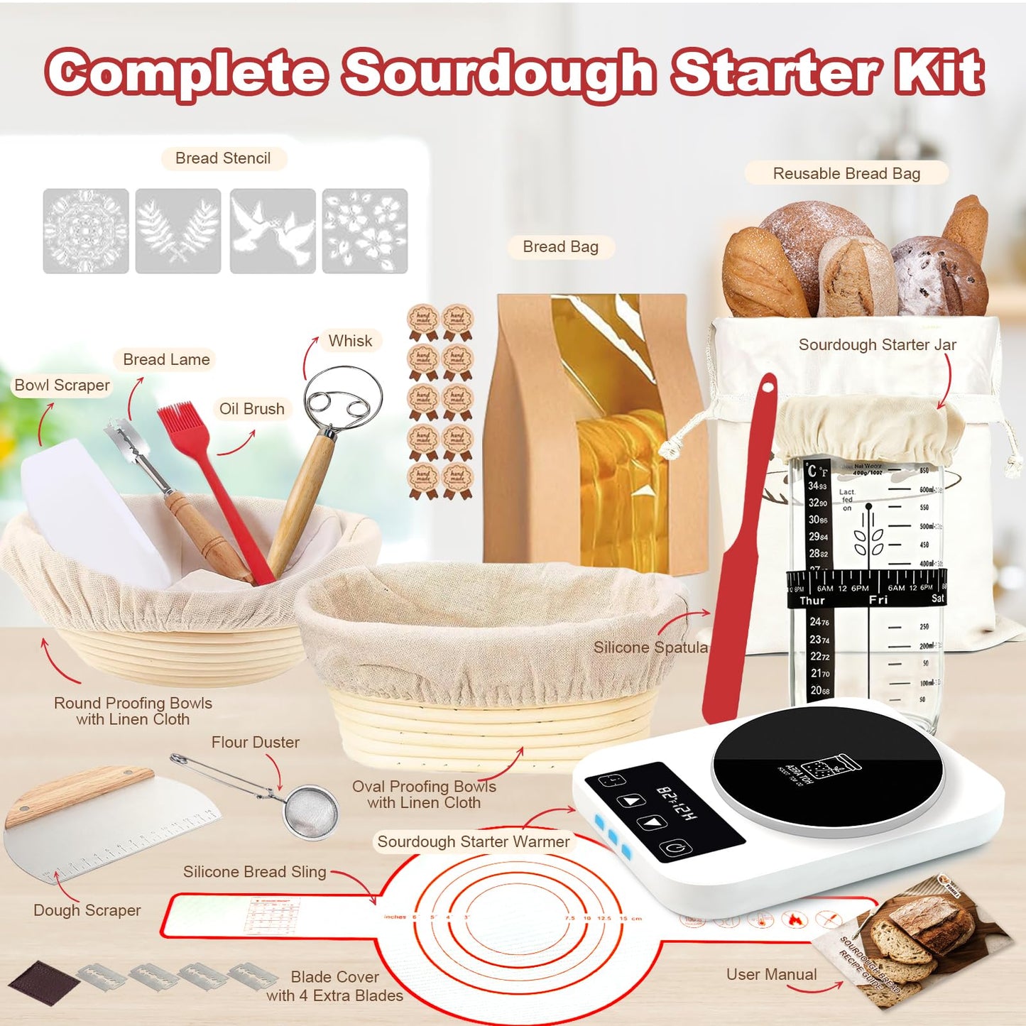 Sourdough Starter Kit with Warmer, Glass Jar and Banneton Bread Proofing Basket - Complete Sourdough Bread Baking Supplies, Sour Dough Making Essentials Tools, Gift for Bakers Beiginner Women Wife Mom