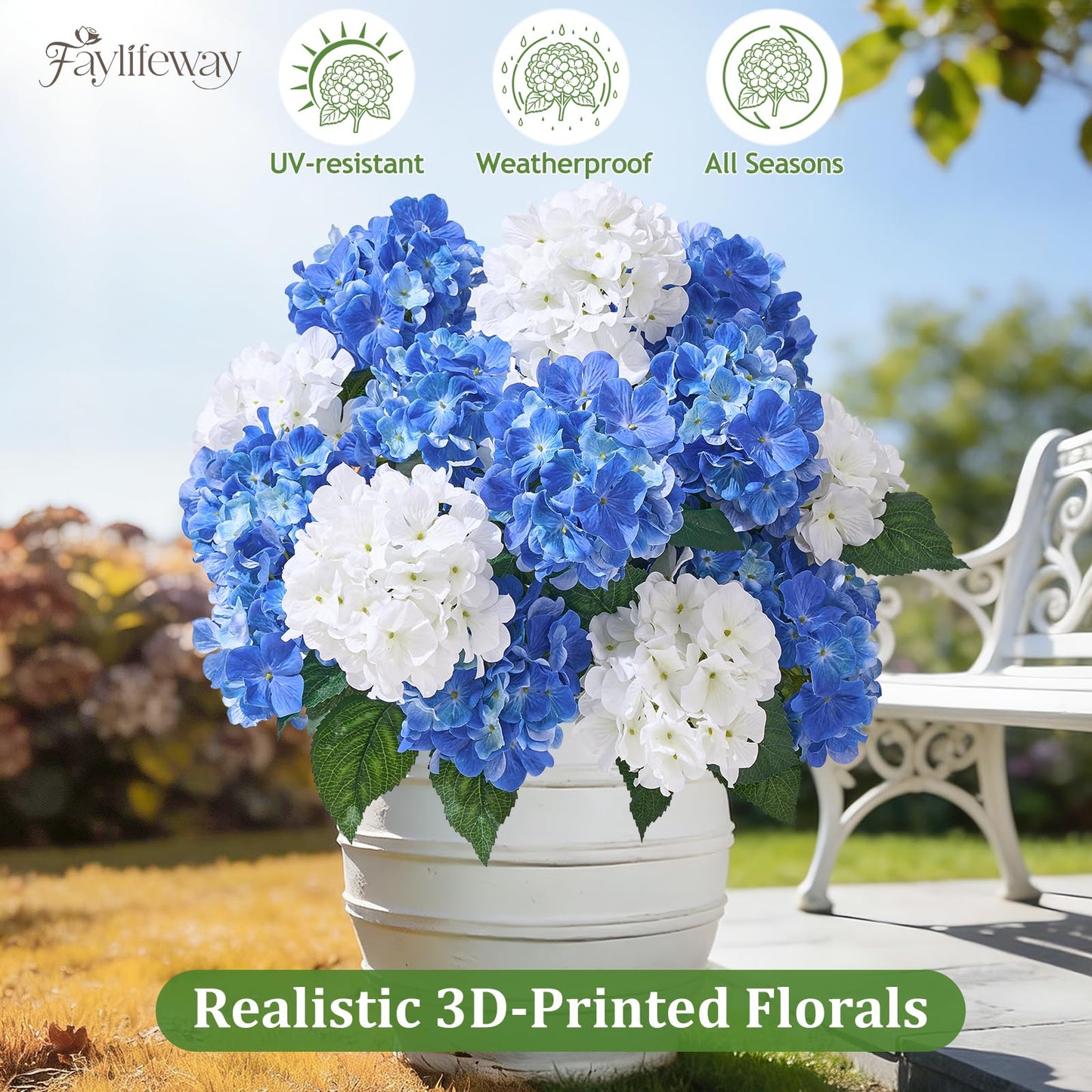 Faylifeway 12 Heads Artificial Flowers for Outdoors, UV Resistant Faux Hydrangea Flowers for Outdoor Planters Front Porch Garden Window Box Patio Decor （White&Blue）