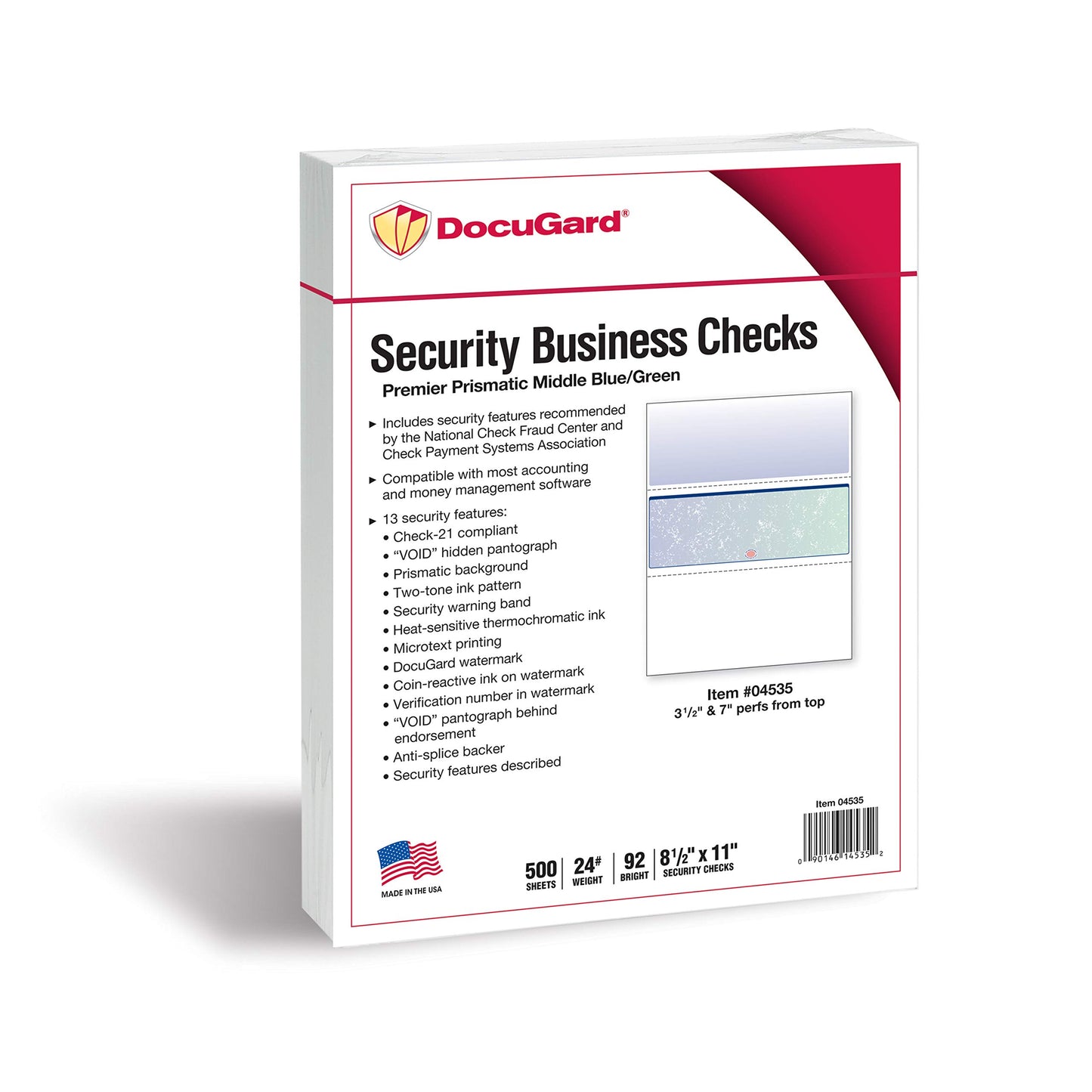 DocuGard Blue/Green Premier Prismatic Middle High Security Check Paper - QuickBooks & Laser/Inkjet Printer Compatible - 13 Security Features - 500 Blank Business Checks (04535)