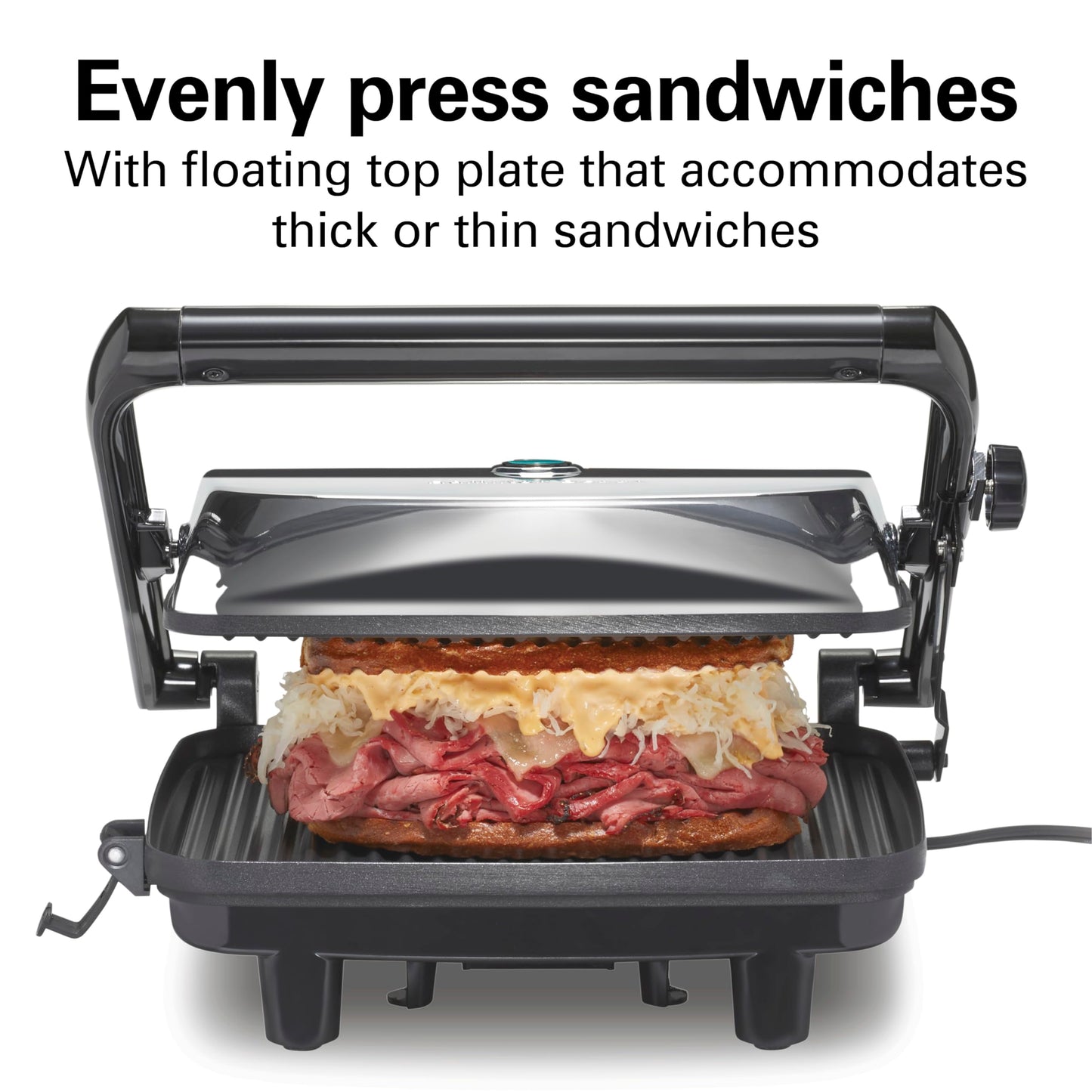 Hamilton Beach Panini Press Sandwich Maker & Electric Indoor Grill with Locking Lid, Opens Wide to Fit Any Thickness for Quesadillas, Burgers & More, Nonstick 8" x 10" Grids, Chrome (25460MNA)