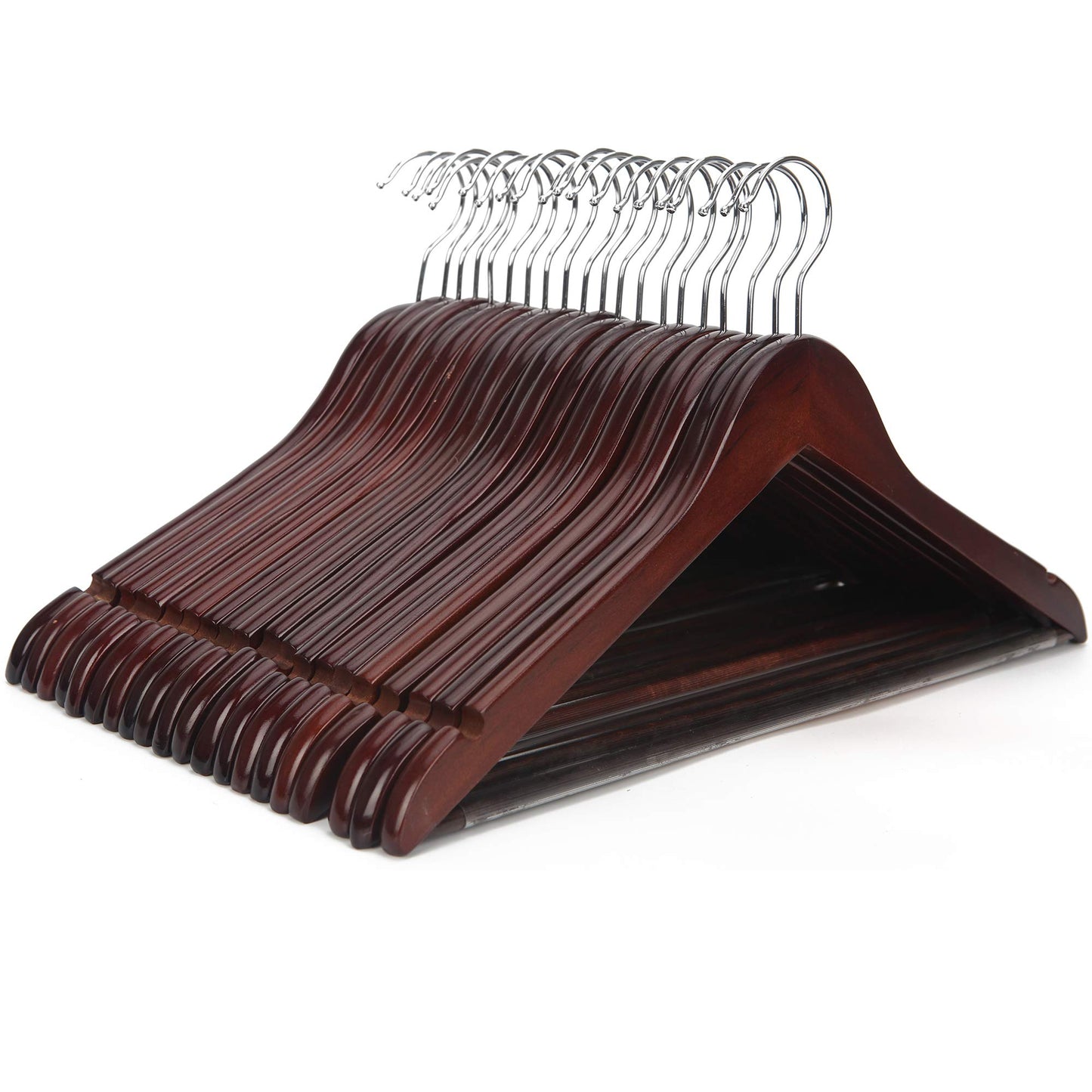 JS HANGER Wooden Coat Hangers, 20 Pack High Grade 17.5 Inch Wood Suit Hangers with Non Slip Pant Bar - Extra Smooth and Splinter Free Walnut Finish Wooden Suit Hangers for Closet Organization