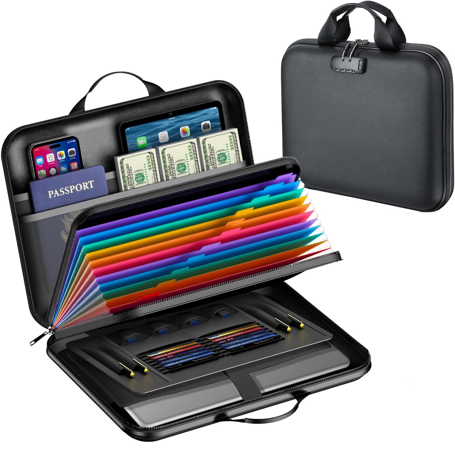 AOTRUTII Fireproof Document Box with Lock, Waterproof Hard-Shell File Organizer with 13-Pocket Accordion Folder & Multi-Compartments for Laptop, Documents, Passports & Valuables