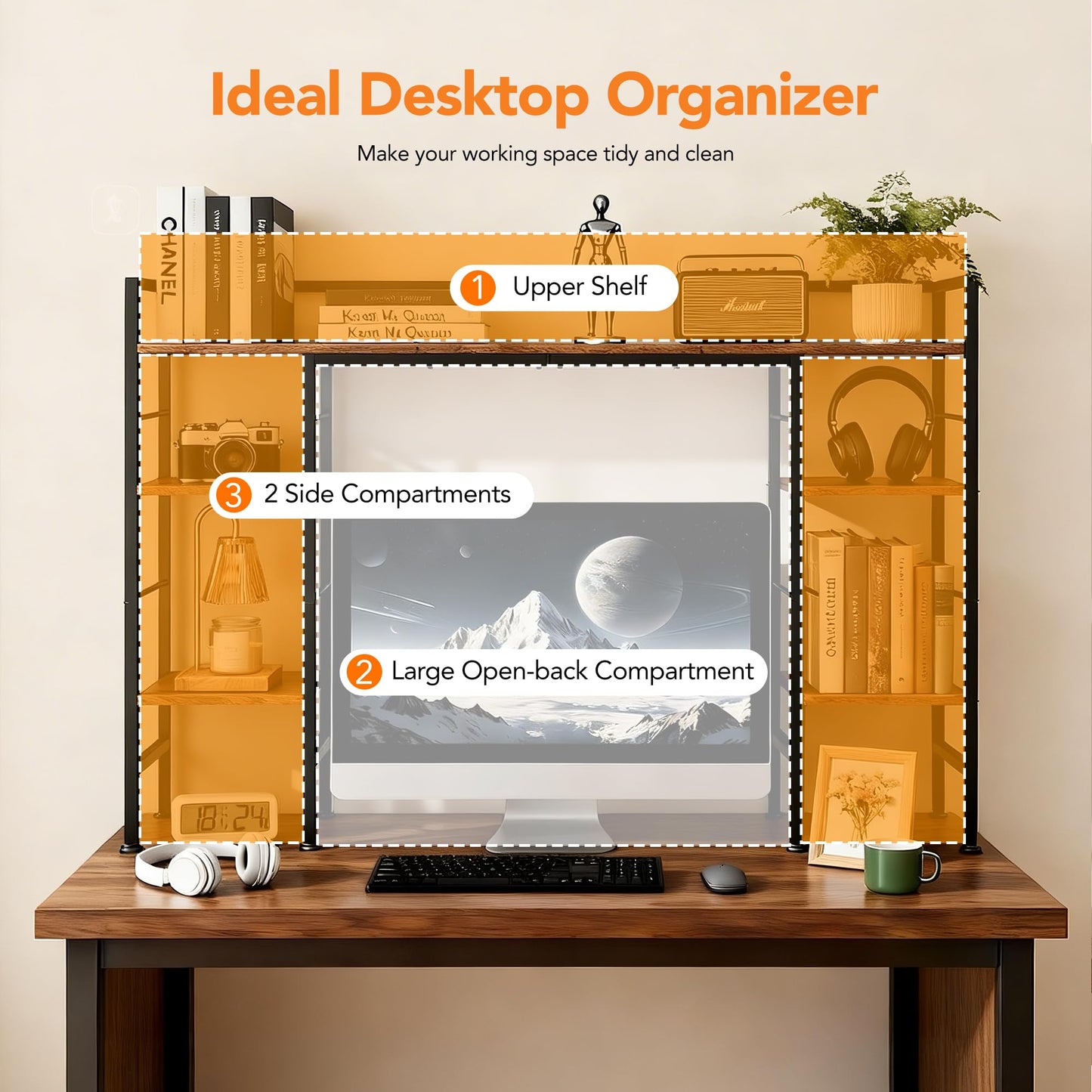 ZIFTY 39.4" Desktop Bookshelf Countertop Storage Hutch with 8 Shelves for Monitor up to 24", Large Desk Bookcase Organizer Display Shelf Rack for Computer Desk, Home Office Dorm Home Anti-tip Device