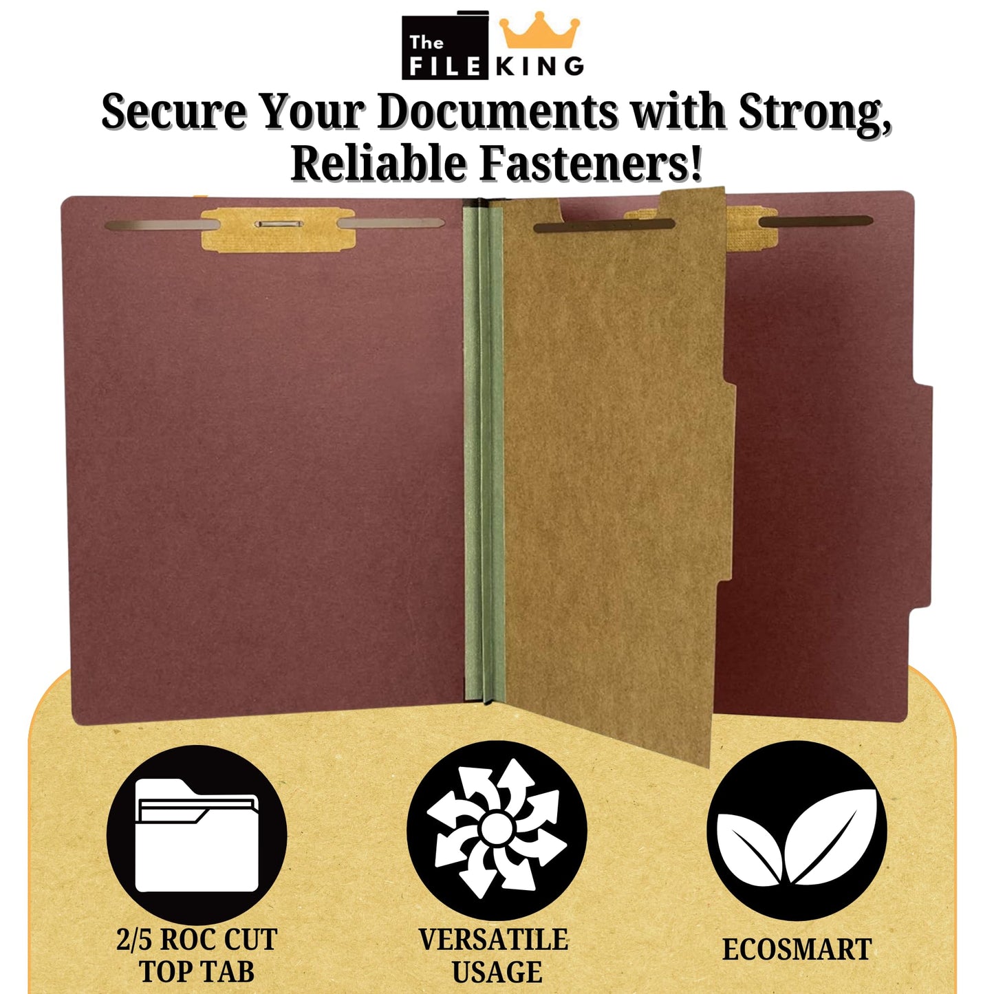 The File King One Divider Brick Red Pressboard Classification File Folder - Letter Size | Box of 10 | Top Tab | 2” Expansion | Four 2-Inch Durable Fastener Prongs | USA Made