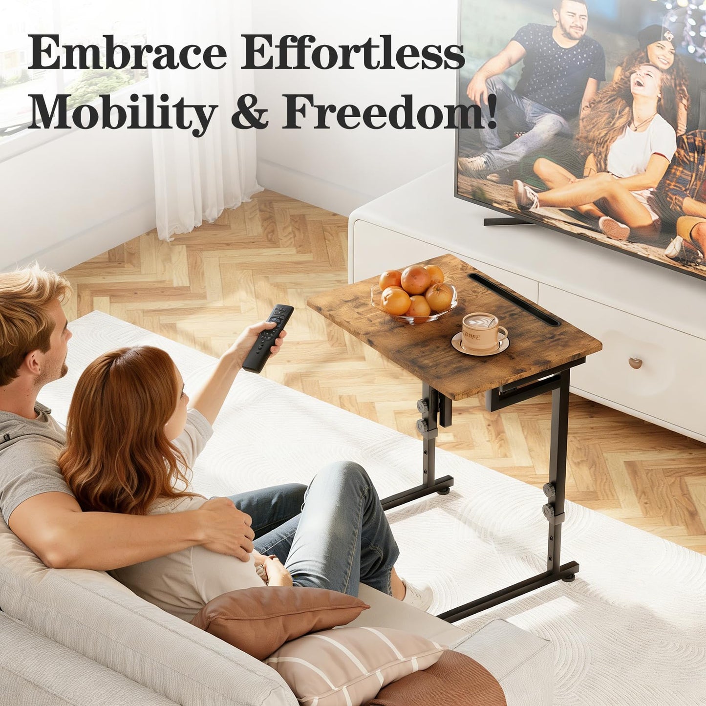 Katrawu Folding TV Tray Dinner Table for Living Room,Adjustable Height Tv Tray,Portable Dinner Snack Trays Table,Small Foldable C-Shaped End Table for Eating with No Assembly Required (Brown)