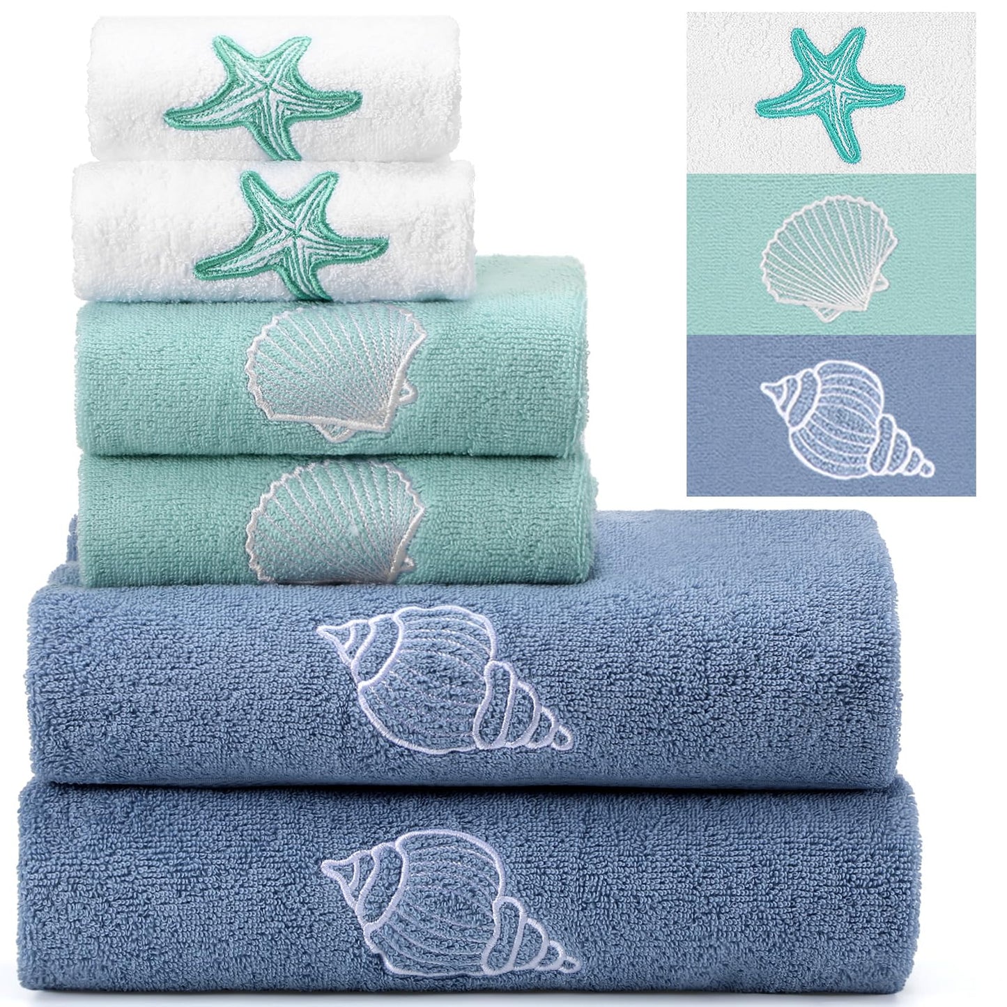 Lumina Garden 6 Pcs Coastal Ocean Beach Hand Towel Set 2 Bath Towels, 2 Hand Towels, 2 Washcloths with Conch Shell Starfish Design Decorative Summer Embroidered Towel for Bathroom Shower Kitchen