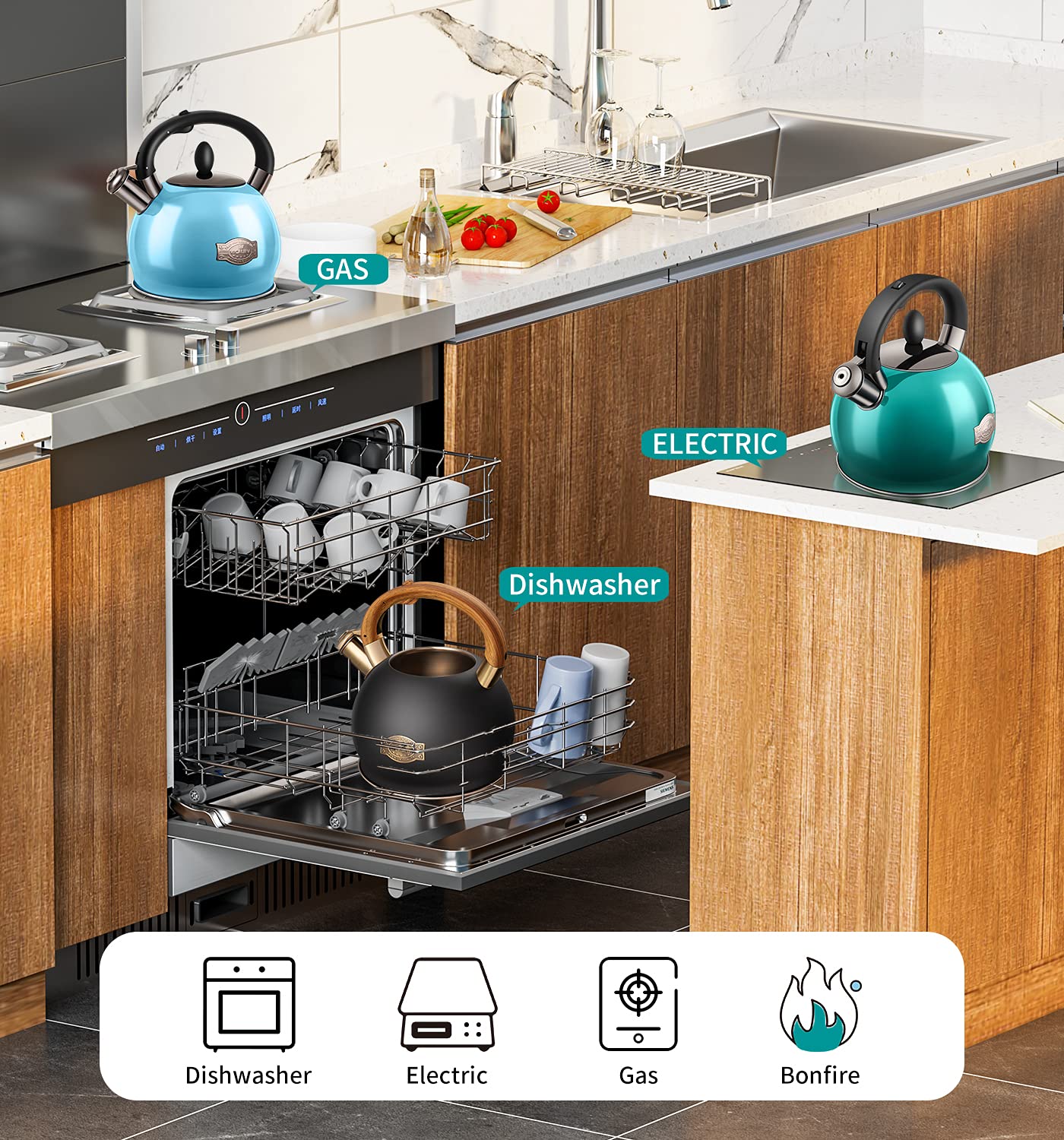 VICALINA Tea Kettle & Tea Pot, 2.64 Quart Food Grade Stainless Steel Induction Whistling Tea Kettle for Stove Top Home Daily Use Teapot with Cool Touch Ergonomic Handle Polished Black