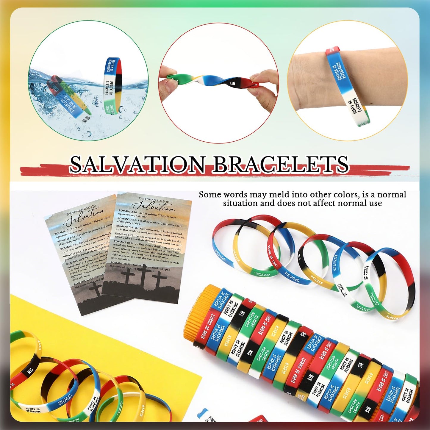Gemscream 200 Sets Father's Day Plan of Salvation Bracelets with Plan of Salvation Card Gospel Bracelet Christian Silicone Bracelets Gospel Tracts Scripture Gift for Men Father Church