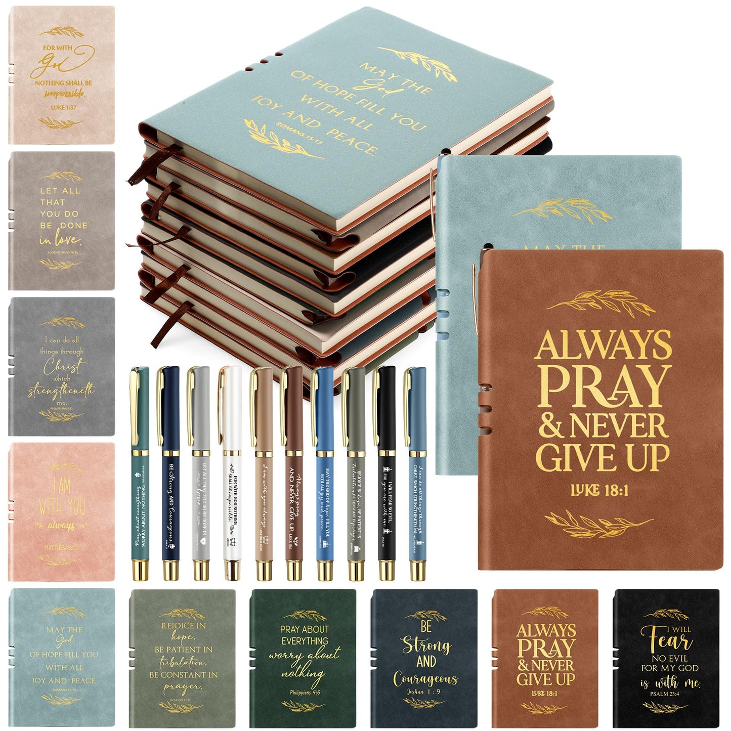 Fulmoon 20 Pcs Christian Notebooks and Inspirational Pens Bible Verse Prayer Journal Religious Scripture Gifts A5 Leather Notebooks Christian Gift for Student Men Women Church Group Pastor