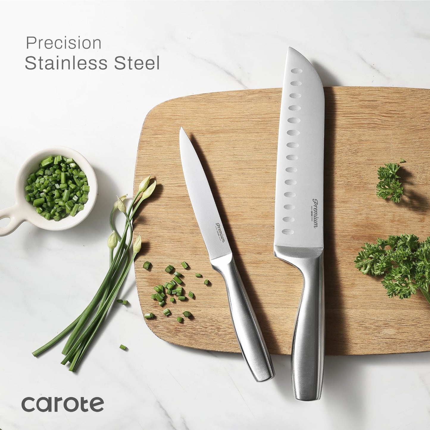 CAROTE 12-Piece Knife Set, All-Stainless Steel Knife Block Set, Kitchen Knives with Wooden Block, Razor-Sharp and Ergonomic, Easy Cleaning