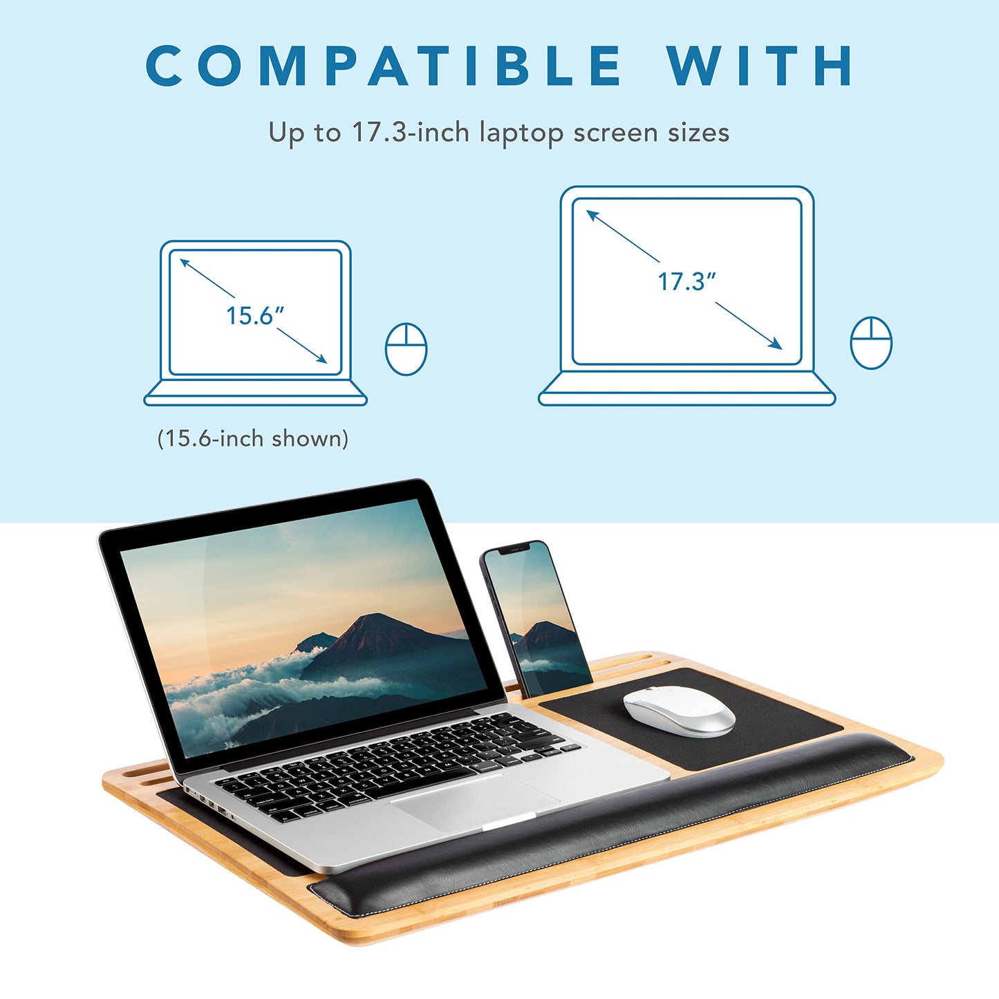 LAPGEAR Bamboo Pro Lap Board with Wrist Rest, Mouse Pad, and Phone Holder - Natural - Fits up to 17.3 Inch Laptops and Most Tablets - Style No. 77101