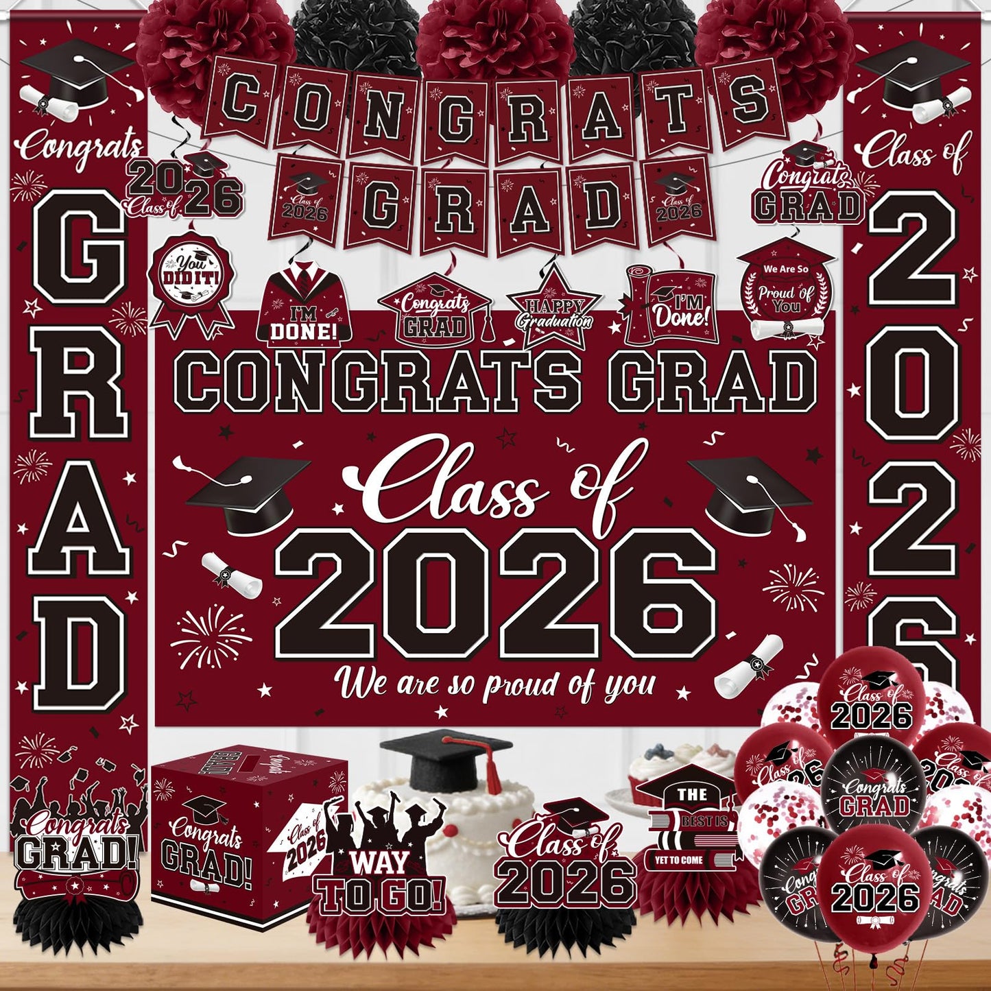 Graduation Decorations 2026 Maroon Party Decor Set with Congrats Grad Banner, Class of 2026 Backdrop, Balloons, Box & Streamers Supplies for High School & College Celebrations