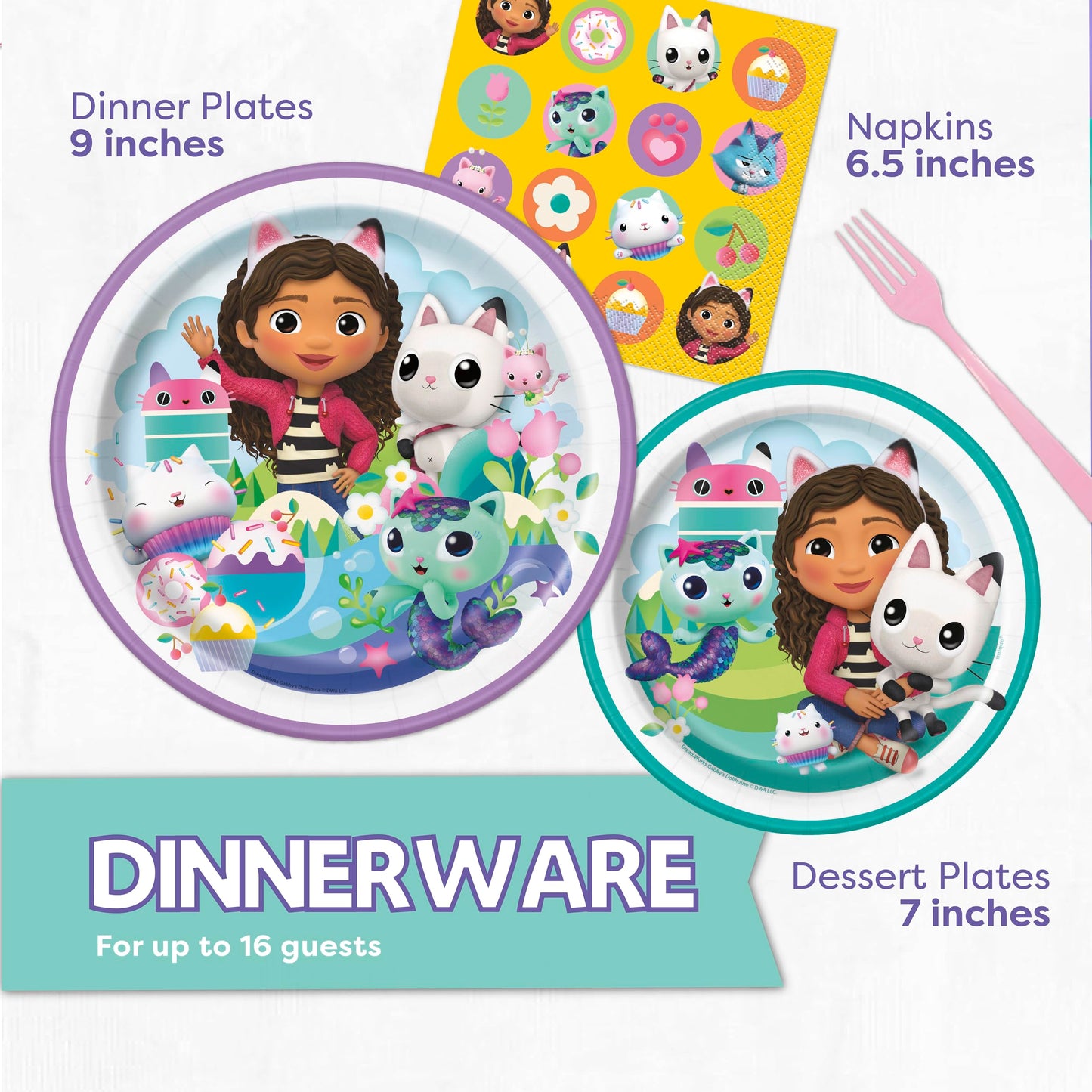 Gabby Dollhouse Party Decorations | Gabby Birthday Party Decorations | Tablecover, Banner, Plates, Napkins, Button | Serves 16 | Officially Licensed