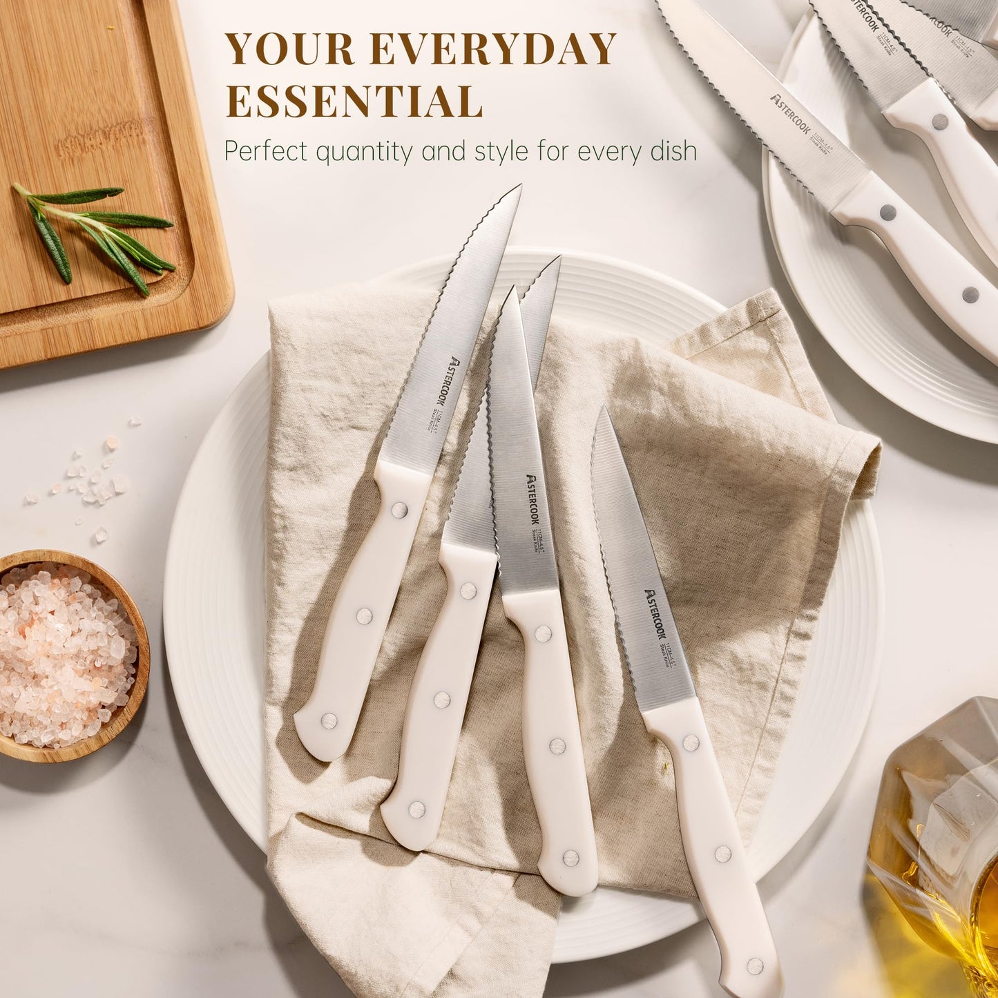 Astercook Steak Knives, Steak Knives Set of 8, High Carbon Stainless Steel Steak Knife Set with Full Tang Handle, Dishwasher Safe Serrated Knife, Elegant Cream White