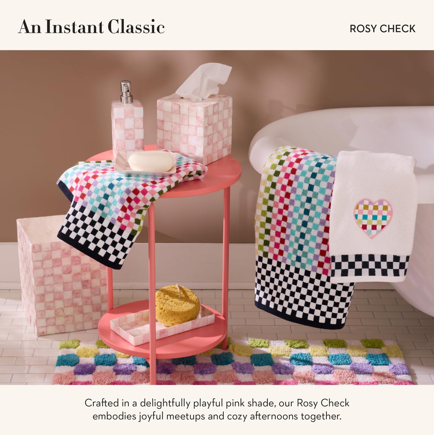 MACKENZIE-CHILDS Capiz Vanity Tray, Rectangular Tray Decor, Pink-and-White Rosy Check