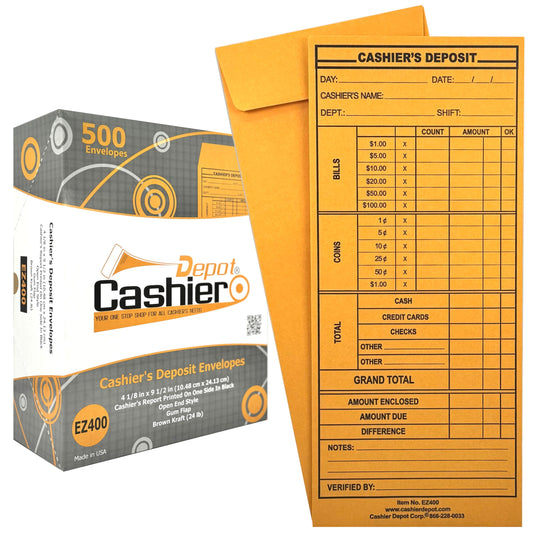 500 Cashier Depot EZ400 Cashier's Deposit Report Envelope, 4 1/8" x 9 1/2", Sturdy 24lb. Brown Kraft, Cash Drop Envelopes For Hotels, Restaurants, Gas Stations & Retailers, 500/Box