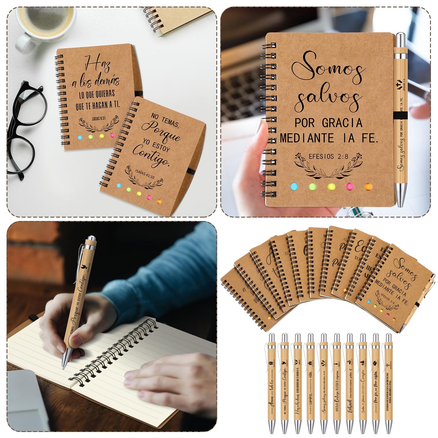 Resurhang 30 Set Spanish Christian Gifts Bulk for Father Religious Notebooks with Bible Verse Pen, Inspirational Spiral Prayer Journal Notepad Church Gifts for Women Men Sunday School (Brown)