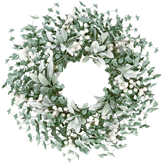 Sggvecsy Artificial Greenery Leaves Wreath for Front Door 22 Inch Greenery Boxwood Wreath with Flocked Lambs Ear White Berries for Spring Summer Farmhouse Wall Home Indoor Outdoor Decor