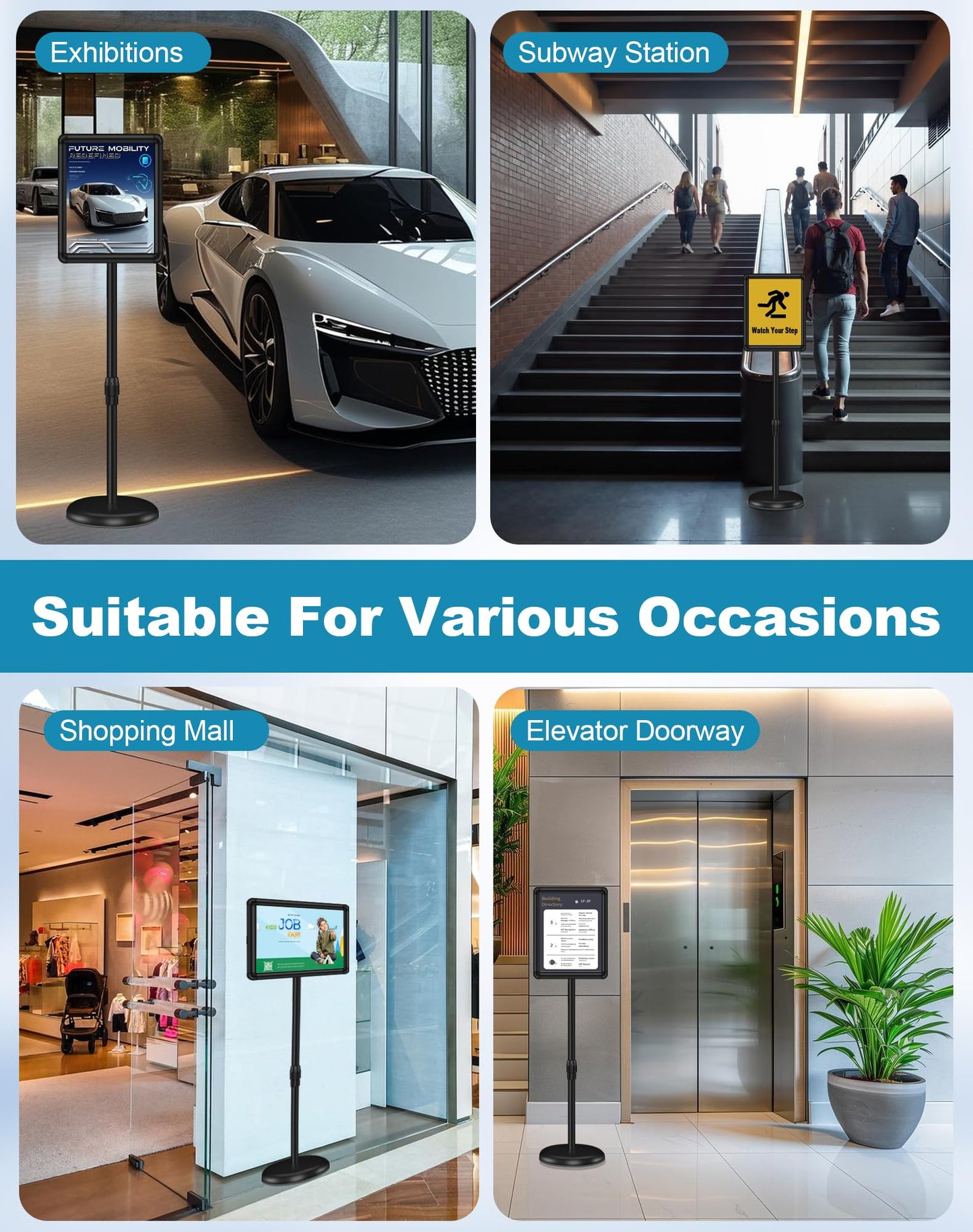 VRAZY 2 Pack Sign Holder Stand 8.5x11 inch for Display, Height Adjustable Floor Standing Signage Stand with 360° Rotated Snap Open Frame for Malls, Schools, Advertising, Outdoor Poster Stand