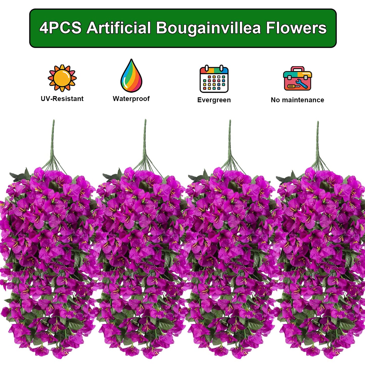 Grunyia Artificial Bougainvillea Flowers Outdoor UV Resistant, 4 Pcs Fake Silk Trailing Vines Realistic Faux Hanging Plants for Porch Patio Garden (Fuchsia)